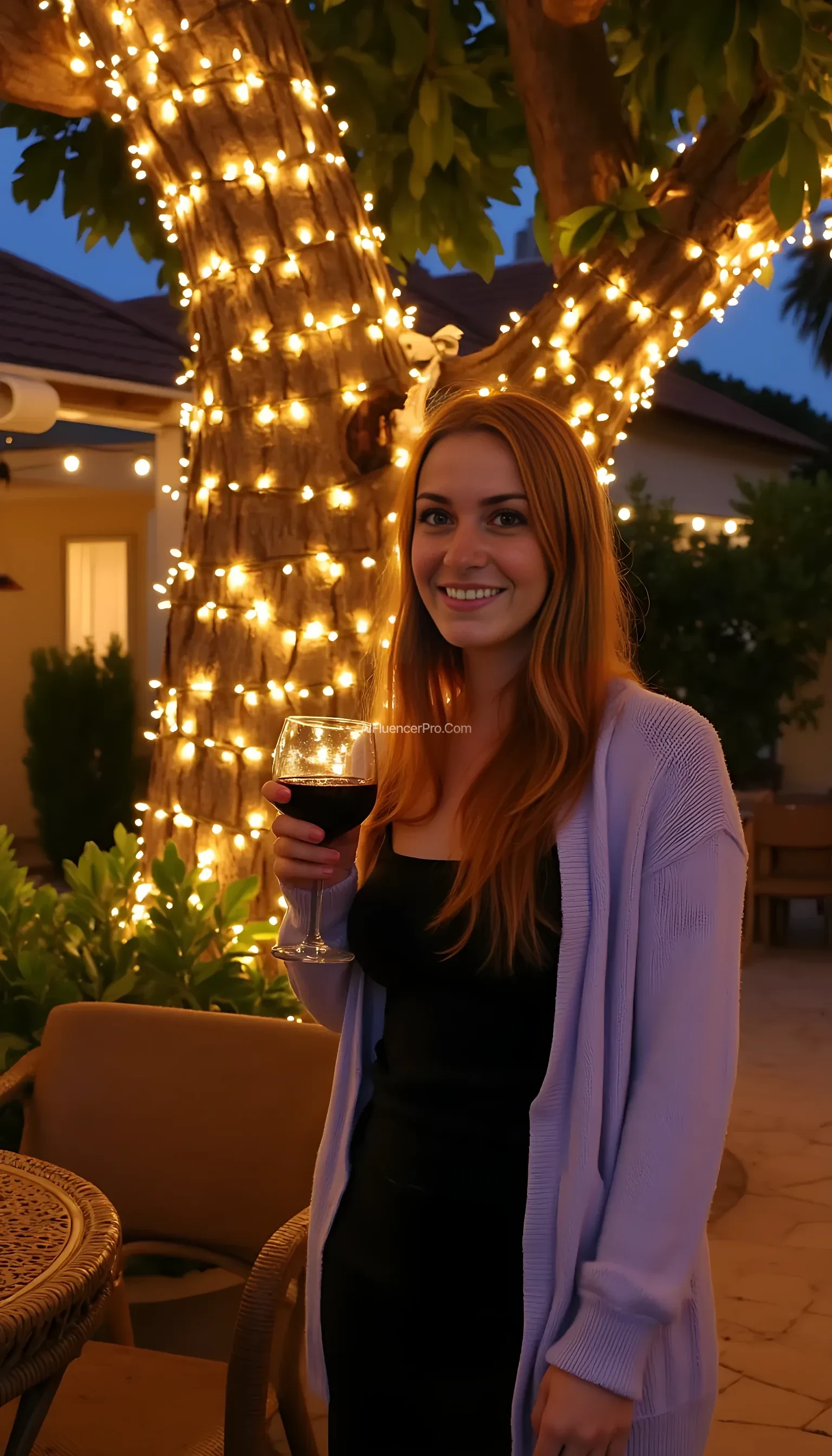 A full body shot photo of a woman standing outdoors at a cozy, warmly lit patio in the evening, with soft, glowing lights wrapped around a tree behind them creating a charming atmosphere. The image is rich in detail, with warm tones and clear textures throughout. The woman has fair skin, a slim build, and long reddish-blonde hair, also worn loose. She is smiling warmly at the camera, holding a glass of red wine in her right hand, and wears a soft-textured lavender cardigan over a black top. The background features a large tree with sparkling string lights wrapped around its trunk and branches, adding a magical touch to the scene. The setting suggests a private outdoor seating area, with elements like terracotta-tiled roofing, greenery, and rattan chairs contributing to a serene, inviting vibe. The overall composition is balanced, with the woman framed against the softly glowing tree, and the lighting enhances the warm, intimate feel of a quiet evening shared among friends. The details are vivid, with textures of clothing, skin, and background elements clearly visible, while the warm lighting creates a relaxed and joyful mood