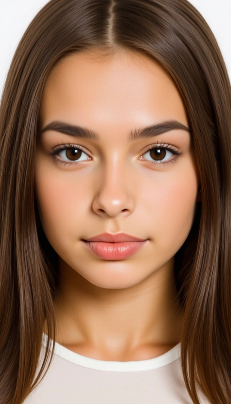 Close-up portrait of CSTMDL
Body type and measurements:
She is an 18 years old girl. Her hair is long, reaching below the shoulders, with a straight to very slightly wavy texture. It has a healthy, smooth appearance with natural shine and volume. The color is medium to dark brown with subtle warm undertones, and the strands appear moderately thick and uniform in density. The hair is parted slightly off-center or middle in most images, framing the face symmetrically. Eyes are large, almond-shaped, and widely spaced. The irises appear medium to dark brown with a warm, slightly amber tone under natural lighting. Eyelids have a soft natural crease, and the eye area is framed by full, dark lashes and naturally arched brows of medium thickness, which complement the overall symmetry of the face. She has an hourglass figure. Height approximately 64 inches. Bust is full, round, and projected, with an estimated circumference of 36 inches and moderate projection from the chest wall. Underbust estimated at 28 inches, giving a bust-to-waist contrast of about 7 inches. Waist is narrow, strongly cinched, and flat, estimated 24 inches, with a pronounced curve into the hips. Hips are broad and rounded, estimated at 39 inches, with high hip bones and a strong waist-to-hip ratio. Gluteal region is prominent, lifted, and firm, with well-developed curvature extending outward and downward. Thighs are thick and full, estimated at 24 inches at the widest point, with a slight taper toward the knees. Calves are not visible in all photos, but appear balanced with thigh proportions. Abdomen is flat with a bit of fat. Arms are slim with soft definition, estimated upper arm circumference around 9 inches. Shoulders are slightly broad and rounded, creating symmetry with hip width; clavicle line is soft and horizontal. Neck is medium-length and proportionate. Torso is short to medium in vertical length, with the distance from underbust to waist appearing compact. Ribcage is slightly narrow. Legs are long relative to torso, contributing to an elongated lower-body visual impression. Posture appears upright and relaxed, with natural spinal curvature and mild anterior pelvic tilt. Skin surface is smooth and even-toned and lightly tanned.

Scene/Background
The backdrop is a soft white fabric, gently draped to create natural folds and texture. This neutral and minimal setup enhances the clarity and elegance of the portrait, allowing the subject to be the sole focus. The overall mood is clean, intimate, and subtly ethereal—like a quiet morning light spilling through sheer curtains.

Pose/Expression
The subject’s head tilts slightly forward and to the side, subtly engaging the viewer with a relaxed, almost contemplative gaze. Her expression is serene and self-assured, exuding confidence without effort. The softness of her features and the directness of her eyes balance strength with warmth.

Styling
Her makeup is understated and flawless—emphasizing natural beauty with a matte complexion, feathered brows, and nude-pink lips. Her hair cascades in voluminous waves, with a gentle, polished texture that frames her face gracefully. The simplicity of the styling elevates the portrait’s timeless quality.

Lighting
Bright, diffused natural light washes across the subject’s face, creating gentle highlights and low-contrast shadows. The effect is soft and flattering, eliminating harsh lines while enhancing her skin’s glow and the rich tones in her hair. The lighting contributes to an editorial aesthetic that feels both modern and timeless.

Vibe
This image is effortlessly chic and quietly powerful. It could easily belong in a beauty campaign, a minimalist fashion feature, or a model portfolio. The overall tone is poised, natural, and subtly sensual—perfect for editorial contexts that aim to blend intimacy with polish.