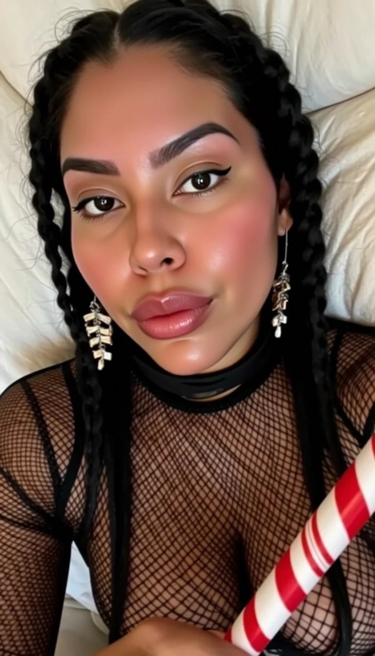 A selfie photo close up of CSTMDL a native American adult woman, she is posing seductively for the camera, she maintains intense eye contact with the camera at all times, she has native American style hair in two long braids, she is wearing a skin tight form fitting fishnet mesh onesie, she has large sized dark skinned nipples, she is holding a candycane that is very thick two inches thick and eight inches long, realistic,