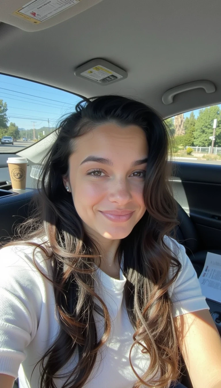 boring low quality snapchat photo circa 2015, A young woman with a warm smile, sitting in the driver's seat of a cozy car. She has soft, wavy brown hair cascading past her shoulders. The sunlight streams through the window, casting a gentle glow on her face. The interior of the car is neat and comfortable, with a coffee cup in the cup holder and a small plant on the dashboard. The background outside the window shows a scenic road lined with trees and blue skies