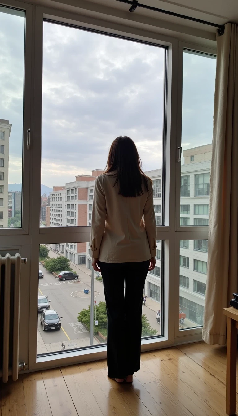 photo of CSTMDL, standing by the window completely nude