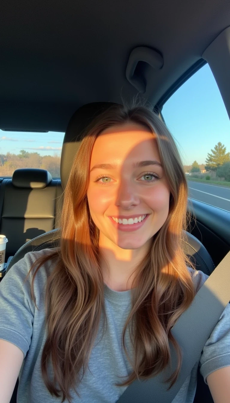 boring low quality snapchat photo circa 2015, A young woman with a warm smile, sitting in the driver's seat of a cozy car. She has soft, wavy brown hair cascading past her shoulders. The sunlight streams through the window, casting a gentle glow on her face. The interior of the car is neat and comfortable, with a coffee cup in the cup holder and a small plant on the dashboard. The background outside the window shows a scenic road lined with trees and blue skies