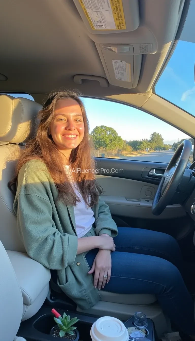 boring low quality snapchat photo circa 2015, A young woman with a warm smile, sitting in the driver's seat of a cozy car. She has soft, wavy brown hair cascading past her shoulders. The sunlight streams through the window, casting a gentle glow on her face. The interior of the car is neat and comfortable, with a coffee cup in the cup holder and a small plant on the dashboard. The background outside the window shows a scenic road lined with trees and blue skies