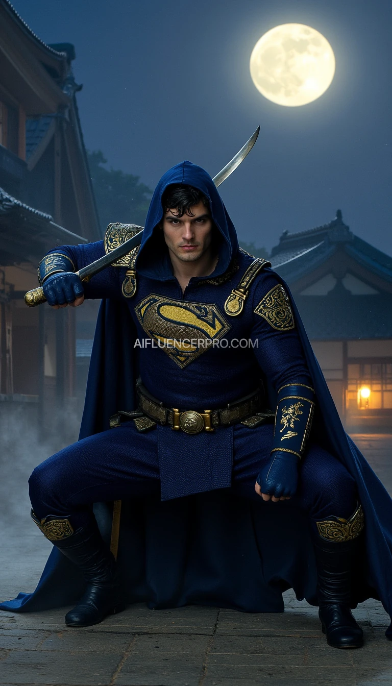 Superman in a ninja appearance, wearing a dark blue costume with intricate golden embroidery inspired by Japanese designs on the arms and chest, featuring his iconic 'S' emblem prominently displayed on the chest in gold. His cape seamlessly integrated into the costume, designed for stealth. Superman is crouched low in a dynamic battle-ready stance, one knee bent deeply while the other leg stretches back for balance. One hand tightly grips a katana sword positioned diagonally, ready to strike, while the other forms a defensive clenched fist. His sharp, focused gaze reflects determination. The background features a traditional Japanese village at night with a full moon glowing brightly and thin mist weaving through the scene, adding an air of mystery and intensity.