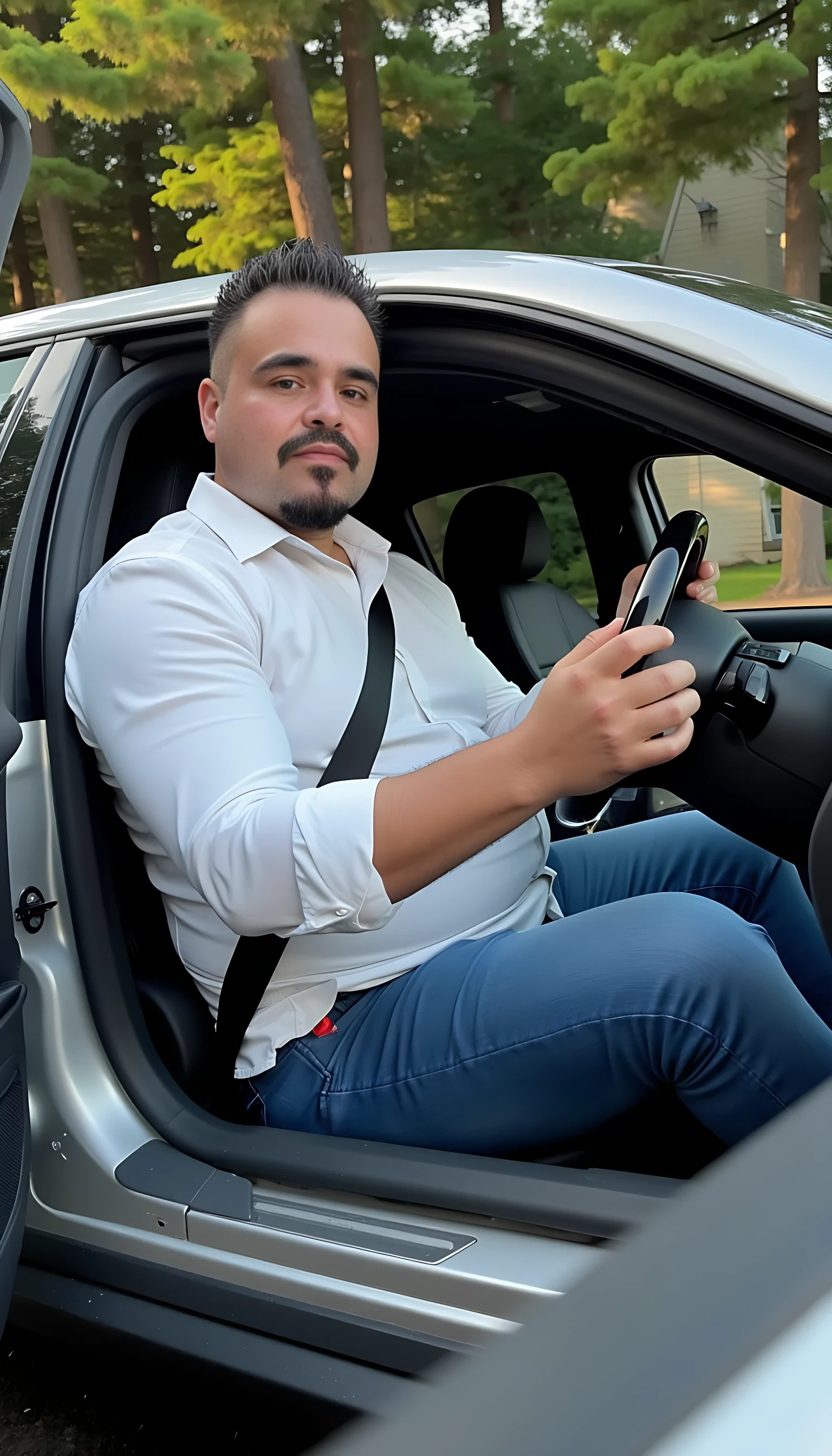 Man full average body driving a luxury car 