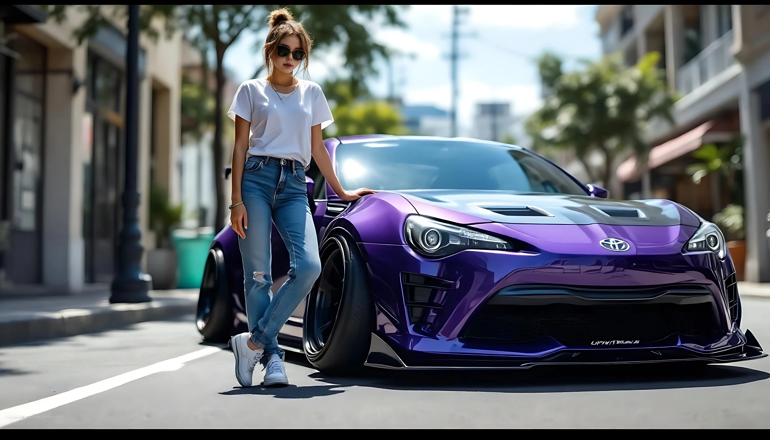 Full-body angle from the front woman in a white t-shirt tucked into tight jeans, standing with crossed legs beside a lowered purple Liberty Walk Toyota 86, hand resting on the car mirror, stylish casual vibe, sunny day, polished street backdrop.



negative prompt:  blurry, low resolution, low quality, distorted face, extra limbs, extra fingers, missing fingers, deformed hands, unnatural skin texture, overexposed, underexposed, bad anatomy, disfigured, mutated, duplicate face, fused limbs, exaggerated features, unrealistic eyes, anime style, cartoon, doll-like, glitch, watermark, text, logo, grain, noisy background, jpeg artifacts, lens distortion, fisheye,deformed hands, extra fingers, missing fingers, double face, bad anatomy, blurry face, disfigured, bad proportions, low quality, artifact, mutated limbs, asymmetrical eyes, face distortion, incorrect lighting, extra limbs, low quality, bad anatomy, disfigured, mutated, deformed, extra limbs, extra fingers, missing fingers, blurry face, ugly face, inconsistent face, bad hands, face distortion, body distortion, duplicate face, glitch, watermark, logo, text,no text,no watermark,no extra fingers no blurry face
