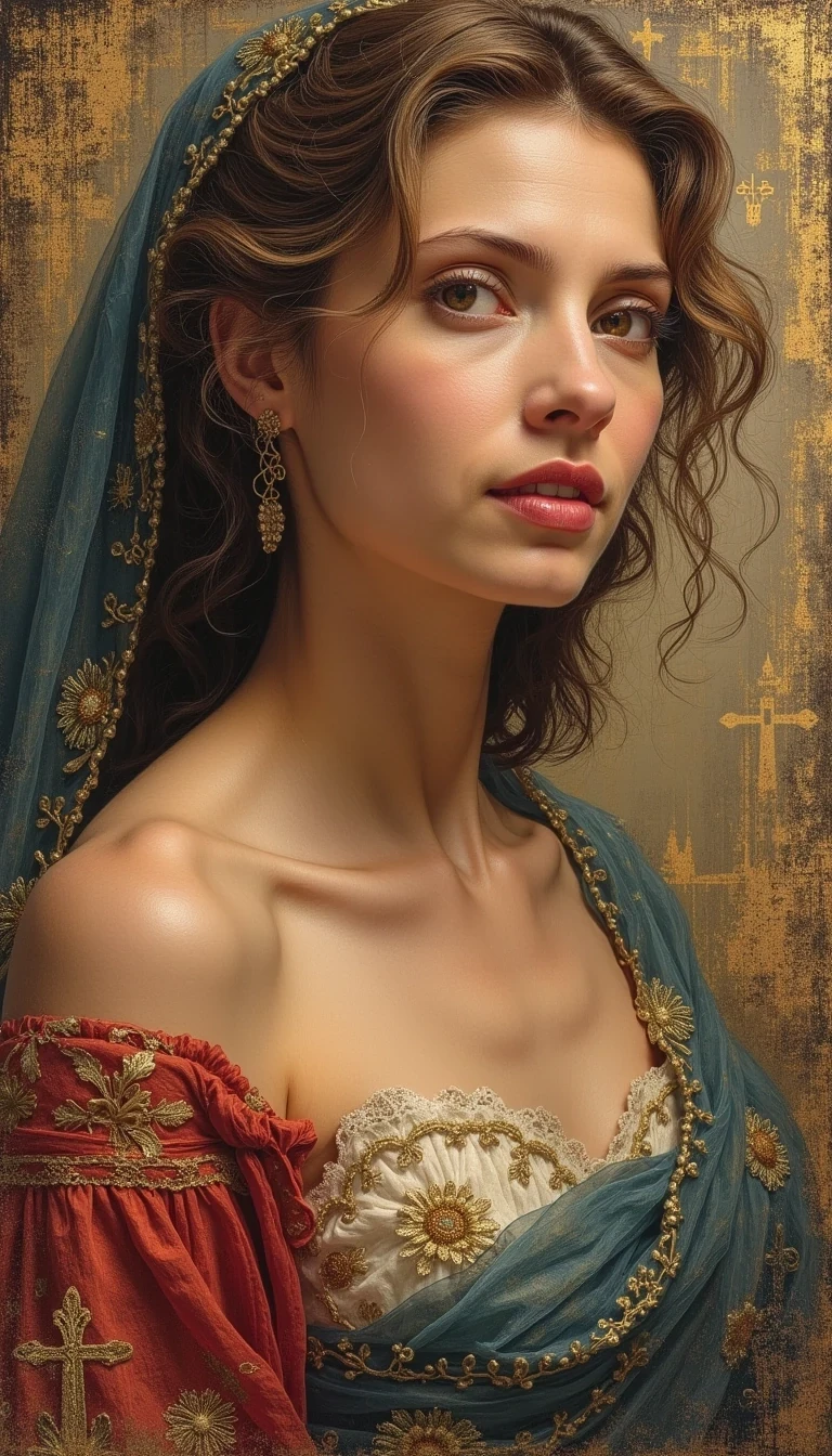 Make me a painting of this "How beautiful you are CSTMDL, my darling!
Oh, how beautiful!
Your eyes behind your veil are doves.
Your hair is like a flock of goats
descending from the hills of Gilead.

Your teeth are like a flock of sheep just shorn,
coming up from the washing.
Each has its twin;
not one of them is alone.

Your lips are like a scarlet ribbon;
your mouth is lovely.
Your temples behind your veil
are like the halves of a pomegranate.

Your neck is like the tower of David,
built with courses of stone;
on it hang a thousand shields,
all of them shields of warriors.

Your breasts are like two fawns,
like twin fawns of a gazelle
that browse among the lilies.

Until the day breaks
and the shadows flee,
I will go to the mountain of myrrh
and to the hill of incense.

You are altogether beautiful, my darling;
there is no flaw in you."