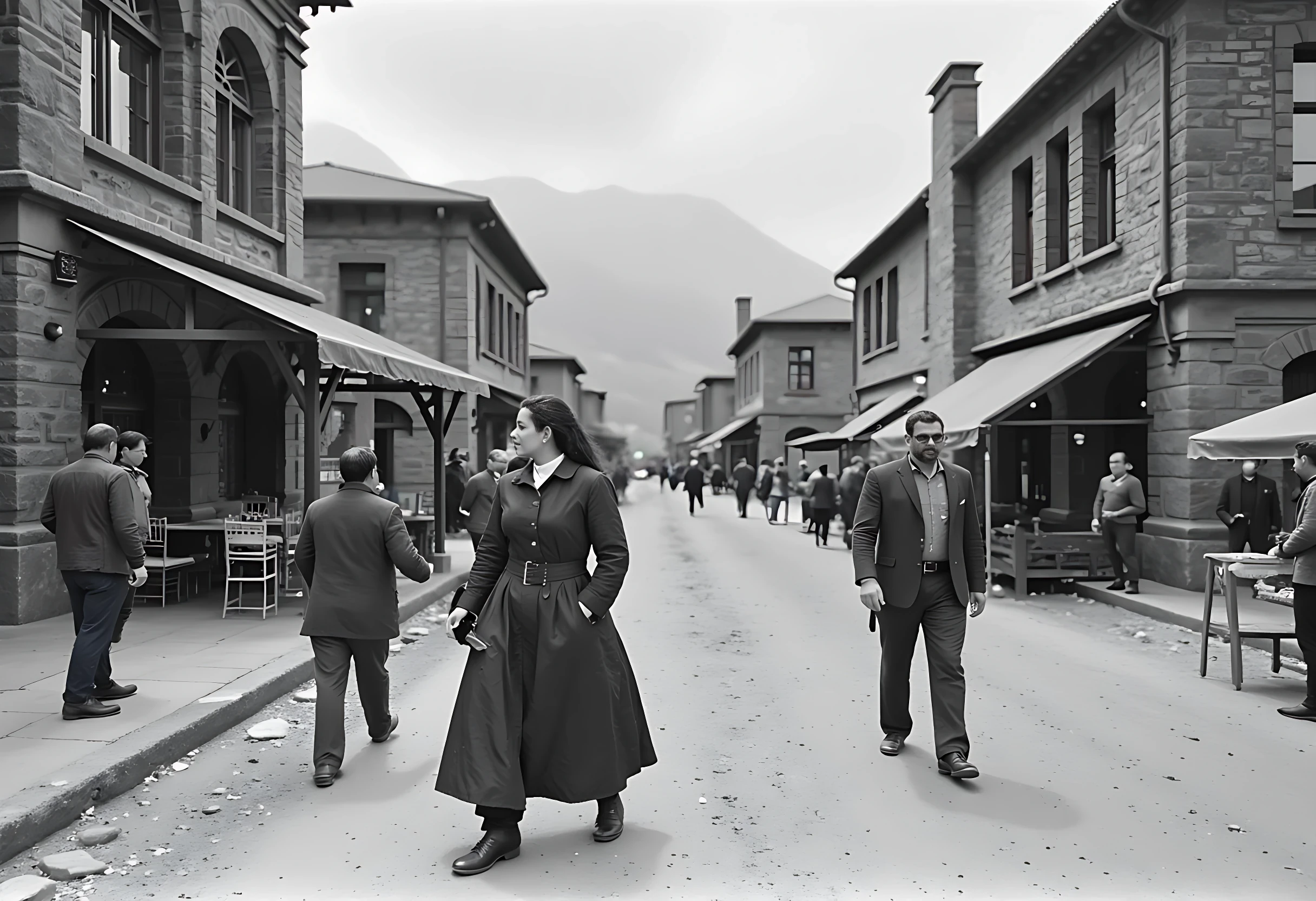 photo of brunette woman CSTMDL bw photo with hude grain from circa 1880, she have dress from 19. century an walk at bussy street ful of people, and horses