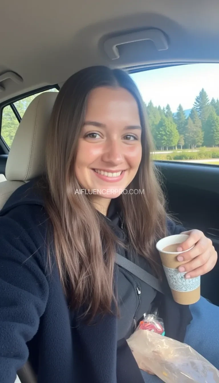 boring low quality snapchat photo circa 2015, A young woman with a warm smile, sitting in the driver's seat of a cozy car. She has soft, wavy brown hair cascading past her shoulders. The sunlight streams through the window, casting a gentle glow on her face. The interior of the car is neat and comfortable, with a coffee cup in the cup holder and a small plant on the dashboard. The background outside the window shows a scenic road lined with trees and blue skies