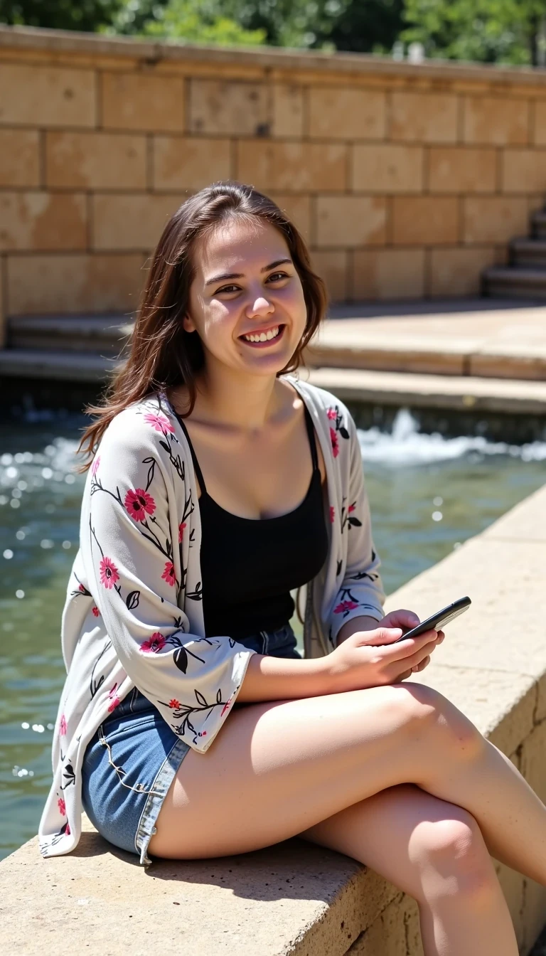 
A young woman sitting casually beside a shallow stepped water feature in an urban park, smiling warmly at the camera while holding her phone. She wears a black tank top with a light kimono-style floral cover-up and denim shorts. Her posture is relaxed, both legs visible and naturally bent as she sits on the stone edge near the water. Her brown hair falls loosely around her shoulders, softly catching the light.

Captured in bright late-afternoon sunlight, with gentle ambient reflections from the tan stone walls and rippling water. The lighting is balanced and realistic—illuminating the face and outfit with subtle highlights and smooth contrast, emphasizing lifelike skin tone, fabric texture, and water reflections.
The surrounding environment features warm stone textures, flowing water steps, and a soft summer park atmosphere, creating a cheerful and tranquil mood.

Shot on Canon EOS R5, 85 mm f/1.4, 8K UHD, cinematic grading, ray-traced natural lighting, V-Ray render quality, no CGI, no smoothing, no stylized art, no fake symmetry, no plastic skin, no blur, no anime.
High-resolution photo realism with perfect tonal depth, micro-texture detail, and natural bokeh — true DSLR photo look with authentic depth-of-field and lens-accurate realism.

Atmosphere: Calm urban park in summer; faint breeze rippling the water; sun-kissed lighting with soft reflections from the stone wall and water surface.
Mood: Warm, candid, peaceful, genuine, photorealistic.

Rendering Parameters:
	•	Sampler: DPM++ 2M Karras / DPM++ SDE Karras
	•	Steps: 30 – 40
	•	CFG Scale: 7 – 8
	•	Resolution: 1024 × 1536 or higher
	•	Model: Realistic Vision v6 / EpicRealism / DreamShaper XL V2
	•	Seed: fixed for consistency or random for natural variation

⸻

🚫 Negative Prompt (refined for pure realism):

cartoon, 3d, cgi, painting, illustration, stylized, plastic skin, smooth skin, fake reflection, low detail, low contrast, oversharpened, airbrushed, uncanny valley, doll-like, distorted limbs, bad anatomy, flat lighting, overexposed, artificial symmetry, unrealistic pose, color banding, artifacts, anime
