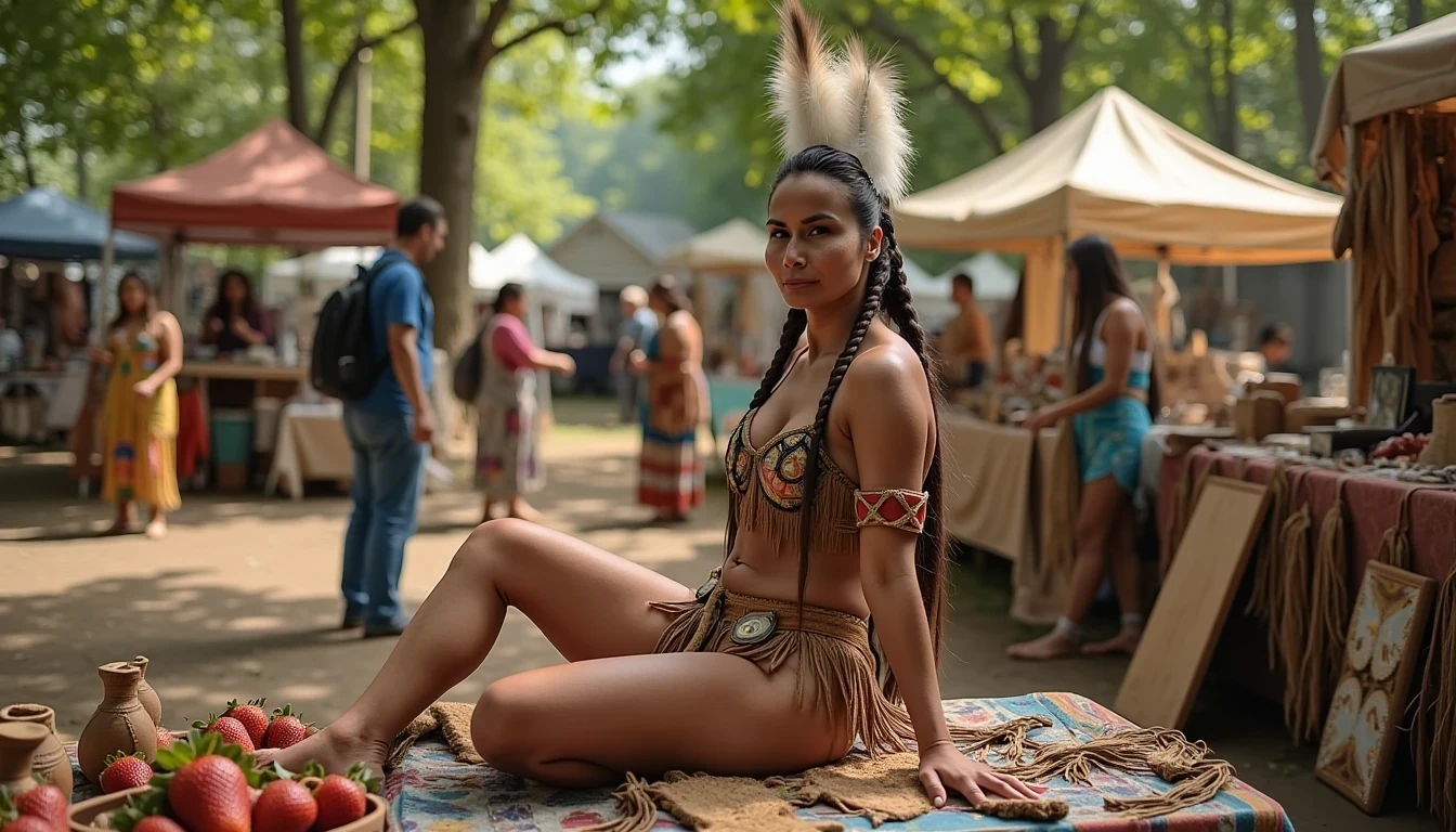 a photo of CSTMDL ... medium shot photo of a 25-year-old native American woman. She is sitting on a vendor's table surrounded by finished native American moccasins and rawhide drums, she has her legs spread apart towards the camera, her panties are visible. She is maintaining intense eye contact with the camera staring stoically. The woman who is Native American in appearance has light tan skin tone, she is 5 foot 8 inches tall, small boobs, flat chest, her nipples are small and dark skinned with long hard pointy nipple ducts with dark skinned areolas, her nipples are visiblly poking through her turtle shells, outside at a native American pow wow, in a wooded area under a canopy of oak trees, shadows from the oak trees litter the scene as the canopy allows streams of sunlight to pass through. The background features a bustling outdoor market scene, with several people visible, including someone purchasing goods from a native American trader behind a tent booth, with finished native American trade goods adorning other market stalls. A Native American dancer is also visible in the background. The diffused lighting from tree canopy is contributing to the lively, relaxed atmosphere of a pow wow market. The composition captures a casual, candid moment, emphasizing the vibrant, dynamic environment filled with colors and textures. The woman is wearing a bra that consists of two real snapping turtle shells shaped like turtle shells with a defined rigid esthetic exterior on the surface in a dark green palette, a turtle shell fitted over each breast, they only cover her nipples, there are brass disc plates riveted on her turtle shells where her nipples are, her turtle shells are strung together to turn them both into a bra, she has strawberry vines that have strawberries on them wrapped loosely around her chest and upper body, Her panties match her bra. She is wearing her in a native American style with 2 long braids. She has eagle plumes in her hair. Romantic setting, Hyper realism, captured with a nikon d850, 16k, uhd, ultra-sharp focus, depth of field, perfect meshes and textures, highly detailed, highly accurate reflections,