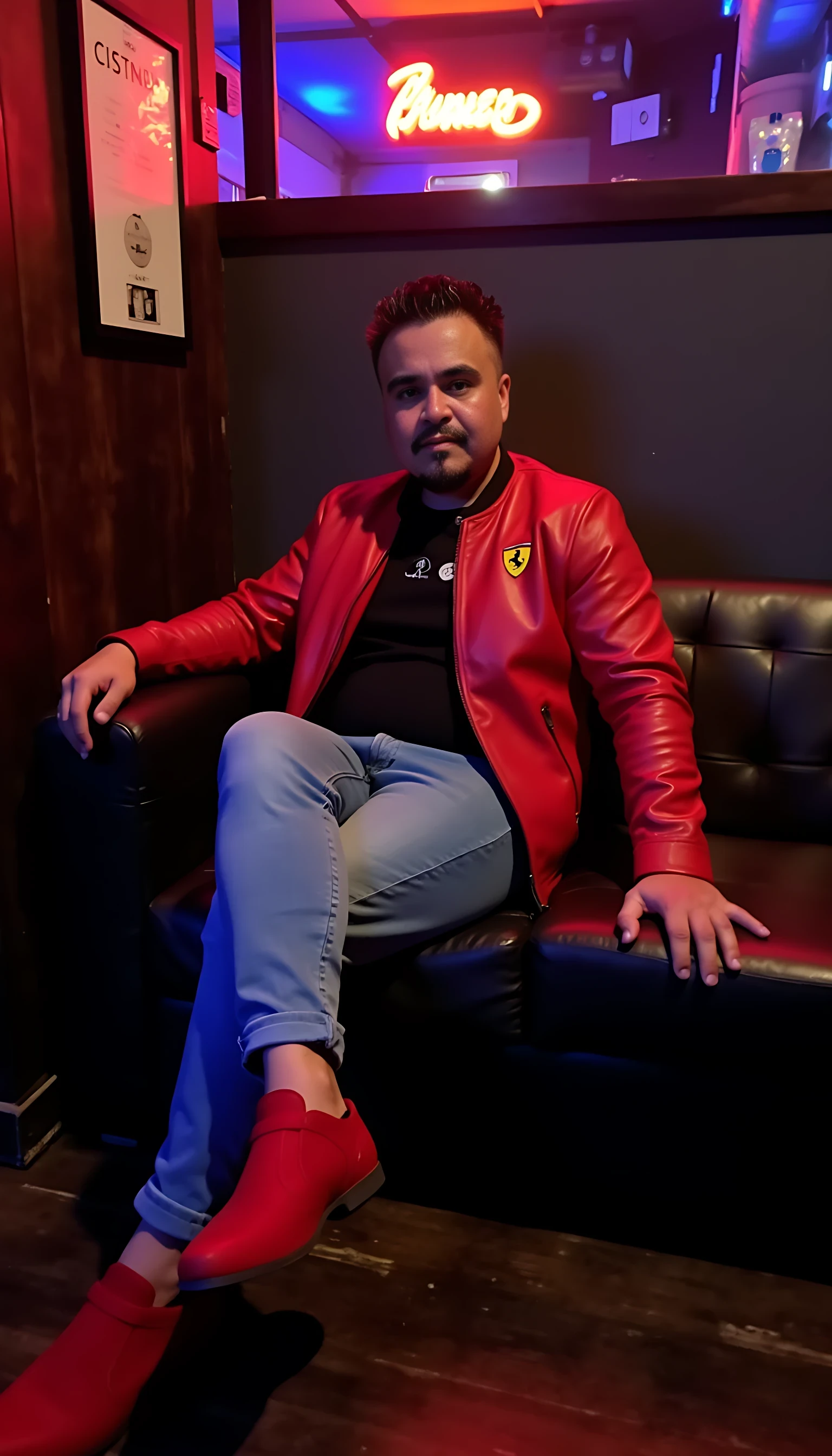 CSTMDL average man body  seating in a couch leg crossed wearing a light blue jeans with a red leather Ferrari logo jacket and red shoes  with a nightclub background 