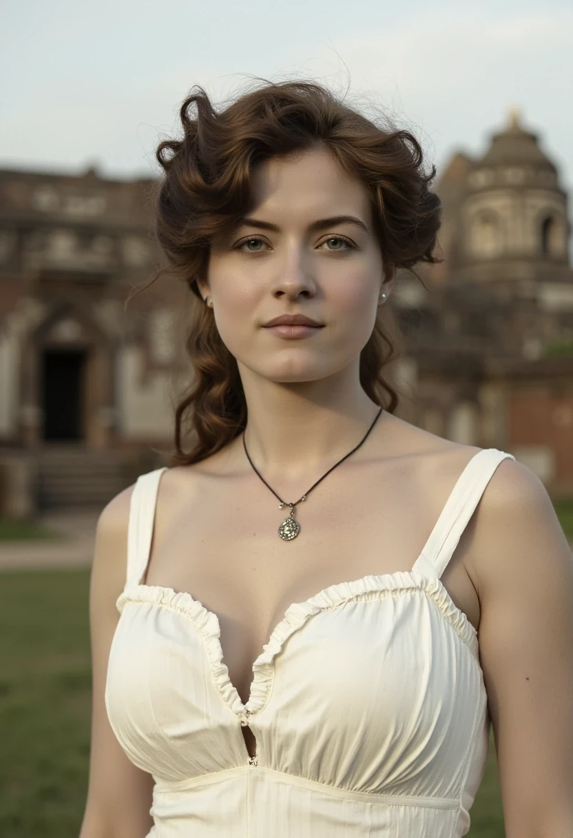 woman CSTMDL, photo ((medium)), brunette, blue eyes, cold smile, 1900 white dress, small pendant, tied hair, big breast, thin waist, cambodian khmer ruins in background