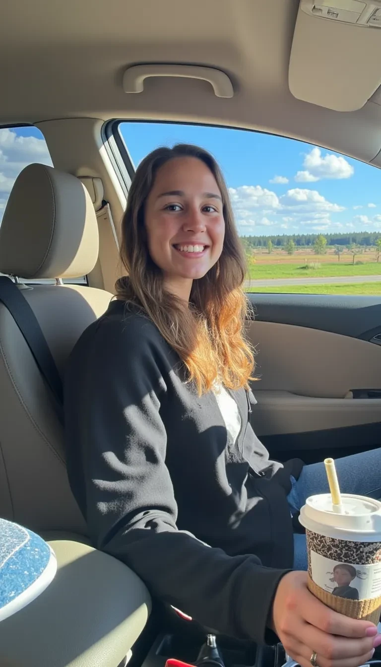 AI image prompt: boring low quality snapchat photo circa 2015, A young woman with a warm smile, sitting in the driver's seat of a cozy car. She has soft, wavy brown hair cascading past her shoulders. The sunlight streams through the window, casting a gentle glow on her face. The interior of the car is neat and comfortable, with a coffee cup in the cup holder and a small plant on the dashboard. The background outside the window shows a scenic road lined with trees and blue skies