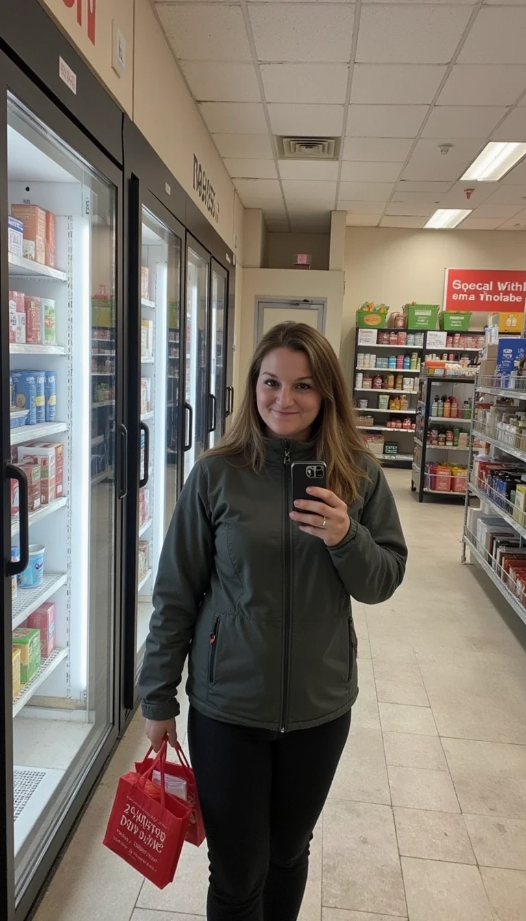 photo of woman CSTMDL, In a grocery store freezer isle