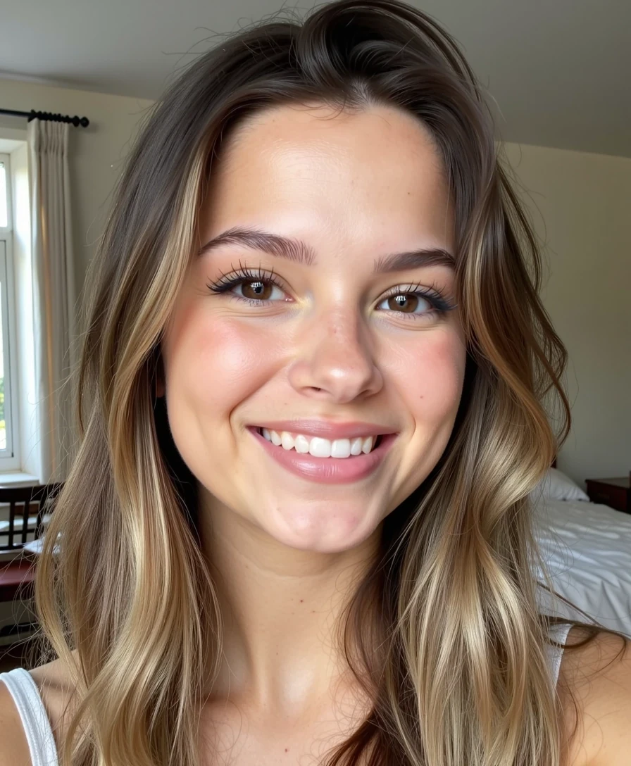 Close-up portrait photo of a 18-year-old woman CSTMDL with hazelnut eyes, light brown hair framing her face in soft natural waves, fully toned skin with smooth natural texture, and big full symmetrical lips. She has no makeup, radiating pure natural beauty, smiling warmly and confidently with perfect white teeth. 

The background is softly blurred with neutral tones, keeping all focus on her face. Lighting is soft natural daylight that highlights her eyes and creates gentle glow across her skin. The mood is bright, approachable, and authentic — ideal for an Instagram profile picture. 

Technical aspects: DSLR 85mm lens look, sharp focus on her eyes and smile, shallow depth of field with creamy bokeh, HDR, ultra photorealistic, highly detailed skin and hair texture, professional photography, 8k high definition.
Sharp focus on facial features, High dynamic range, 85mm lens look