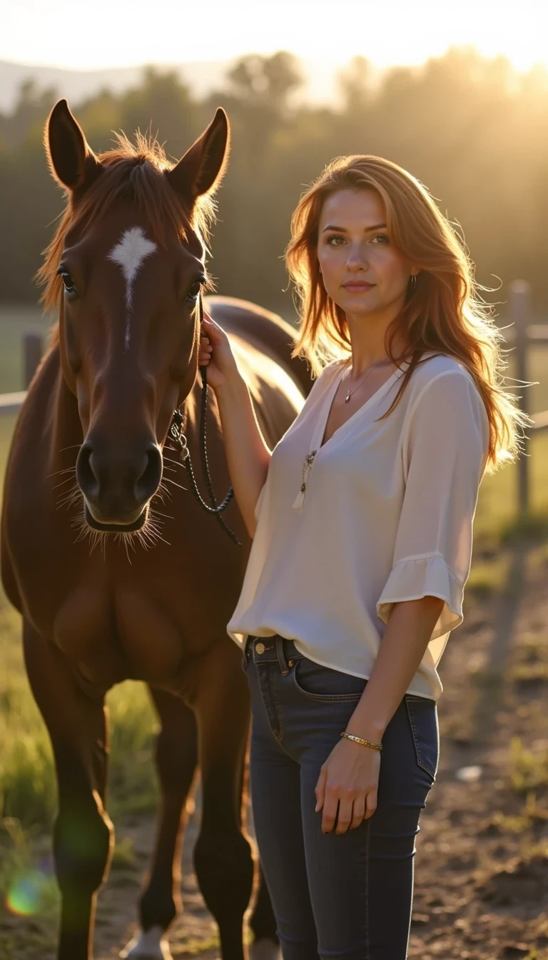 IMG_1578.HEIC
CSTMDL woman outdoors during golden hour, standing beside a dark brown horse on a country trail. She holds the reins gently in one hand and looks toward the camera with a confident, relaxed smile. Her hair moves lightly in the breeze, sunlight creating a soft golden glow on her skin. She’s wearing fitted dark blue jeans and a light, stylish blouse, paired with subtle jewelry — necklace, earrings, and bracelet. The horse’s coat shines under the warm light, background softly blurred with fields and fencing. Natural iPhone-style photo, realistic lighting, influencer vibe, full-body framing showing both woman and horse clearly.
–no airbrushed skin, no plastic shine, no distorted anatomy, no duplicate faces, no studio lighting