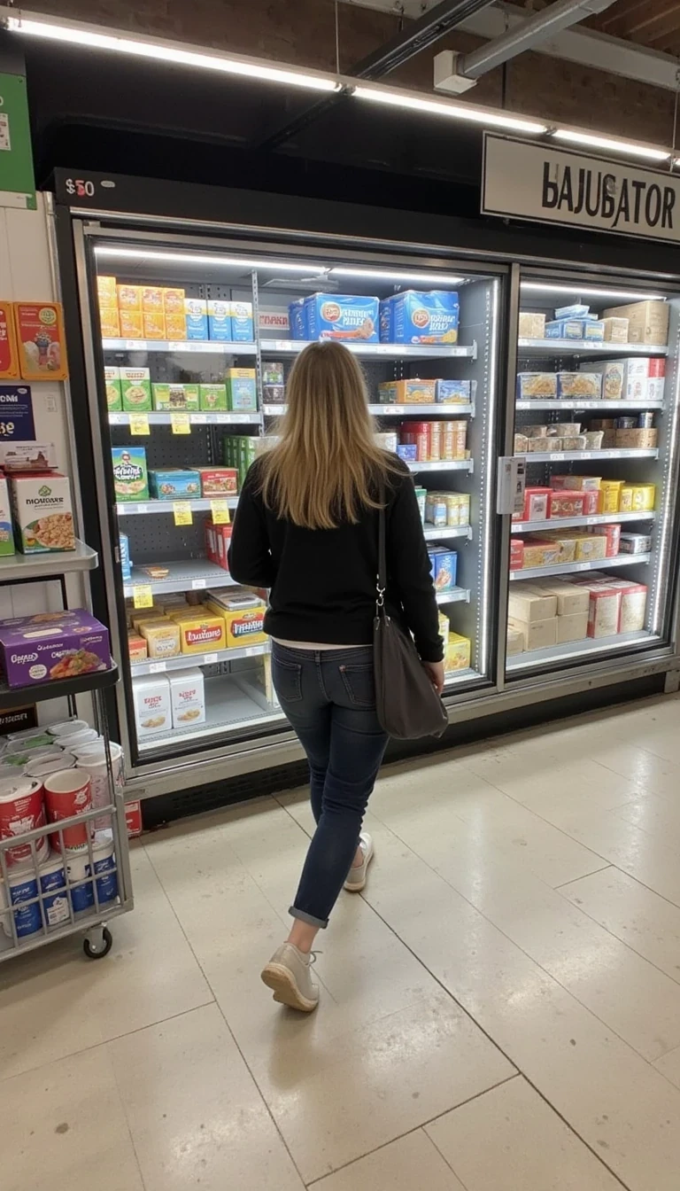 photo of woman CSTMDL, walking in a grocery store
