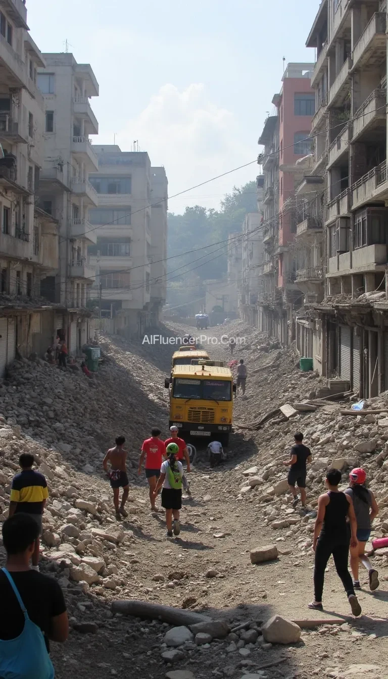 A visual about people rushing to help during an earthquake and rescue efforts