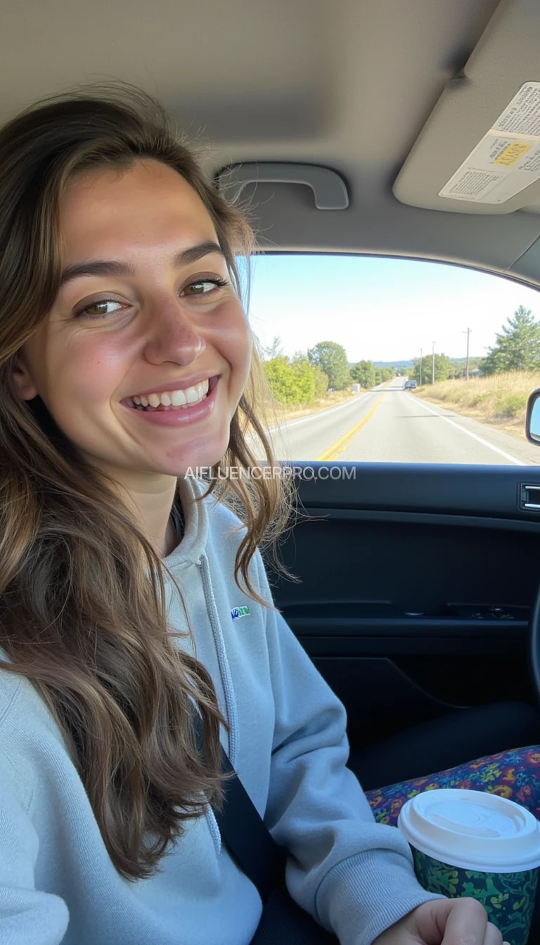 boring low quality snapchat photo circa 2015, A young woman with a warm smile, sitting in the driver's seat of a cozy car. She has soft, wavy brown hair cascading past her shoulders. The sunlight streams through the window, casting a gentle glow on her face. The interior of the car is neat and comfortable, with a coffee cup in the cup holder and a small plant on the dashboard. The background outside the window shows a scenic road lined with trees and blue skies