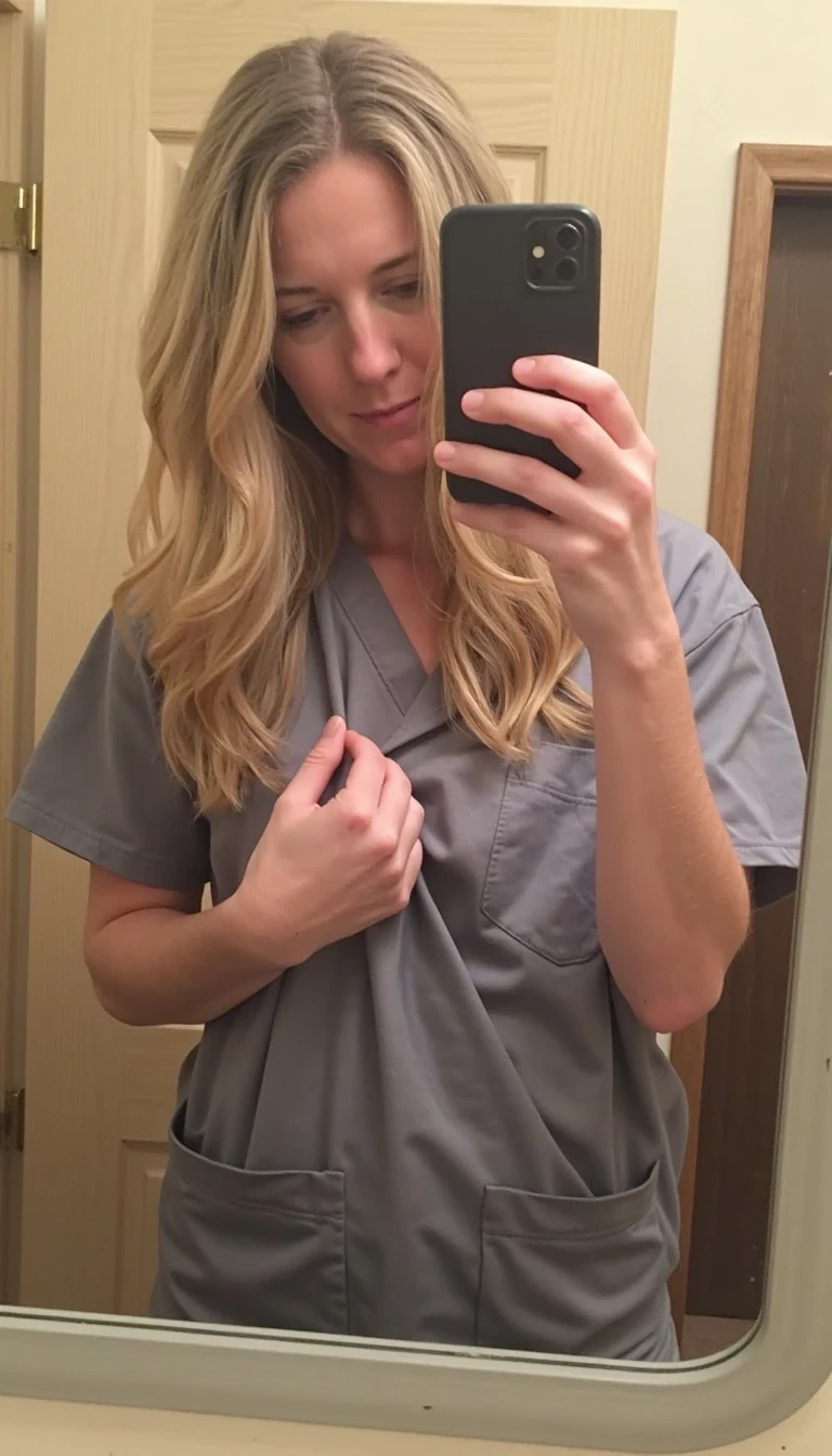iphone 15 mirror selfie of 30s woman CSTMDL with long sandy blonde hair in single person public bathroom. She is wearing scrubs. She is pulling her shirt up to reveal her breasts. The iPhone is black