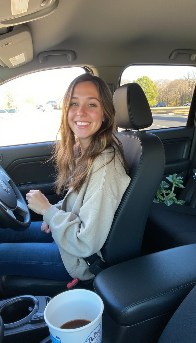 boring low quality snapchat photo circa 2015, A young woman with a warm smile, sitting in the driver's seat of a cozy car. She has soft, wavy brown hair cascading past her shoulders. The sunlight streams through the window, casting a gentle glow on her face. The interior of the car is neat and comfortable, with a coffee cup in the cup holder and a small plant on the dashboard. The background outside the window shows a scenic road lined with trees and blue skies