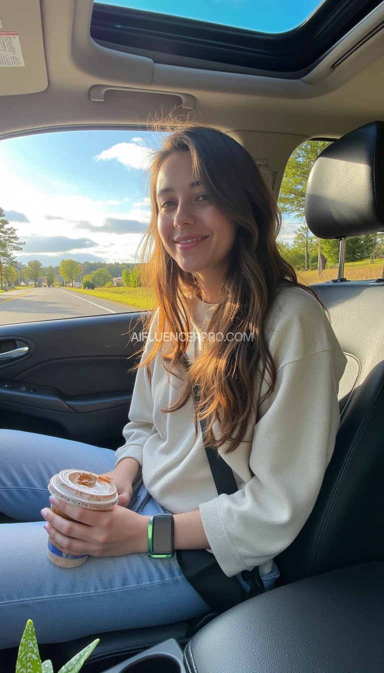 boring low quality snapchat photo circa 2015, A young woman with a warm smile, sitting in the driver's seat of a cozy car. She has soft, wavy brown hair cascading past her shoulders. The sunlight streams through the window, casting a gentle glow on her face. The interior of the car is neat and comfortable, with a coffee cup in the cup holder and a small plant on the dashboard. The background outside the window shows a scenic road lined with trees and blue skies