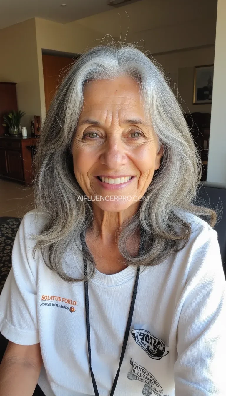 Generate three AI-style images of a 65-year-old woman with longer gray hair, ensuring her skin tone looks realistic and natural. The settings should include:

Living Room: A casual scene of her sitting comfortably in a cozy living room with simple furniture, warm lighting, and a homely atmosphere.
Beach in Bali: A full-body picture of her standing on a tropical beach in Bali, with a backdrop featuring sand, ocean waves, and palm trees under a bright sky.
Selfie in Paris: A close-up selfie of her smiling casually in Paris, with the Eiffel Tower prominently visible in the background.
The images should have an amateur photography style (not glamorous), with lifelike details while maintaining a subtly AI-generated appearance.
