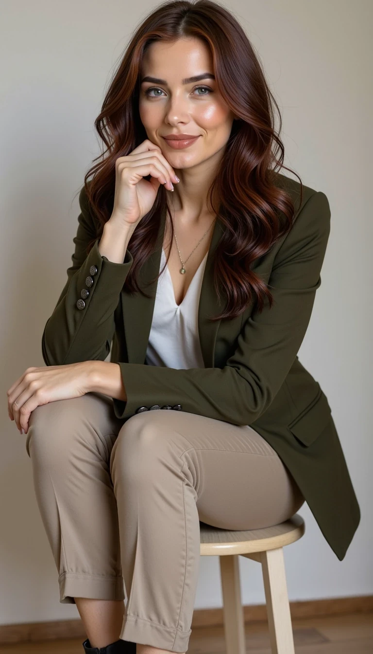 A full-body photo of CSTMDL, a 28-year-old woman, photographed by an amateur photographer. 

 She has thick, long, rubin reddish-black hair styled in soft, loose waves with a middle part, light blue-green almond-shaped eyes highlighted by long, dark eyelashes, dark brown full eyebrows with a gentle arch, prominent cheekbones, an oval and symmetrical face with delicate and harmonious features, and full, noticeably plump lips with a clearly defined Cupid's bow wearing glossy caramel lipstick. Smooth, matte skin with a light to medium, even tone, without visible imperfections. She smiles gently, without showing her teeth.

Sharp focus on facial feature, High dynamic range, 85mm lens look 

She has a pronounced hourglass figure with wide shoulders and full breasts, a narrow waist creating a strong contrast, and proportionately wider hips that balance her upper body. Her thighs and calves are slim and naturally tapered. Focus on realistic body proportions, natural posture, and detailed anatomy: 72 kg, 5,1 feet tall, narrow waist, proportionate wide shoulders and hips, slim legs.

She is wearing a chic olive green blazer over a fitted white top, paired with tailored beige trousers and stylish ankle boots.

She is sitting on a low stool, legs crossed at the ankles, with her right elbow resting on her knee and her hand gently touching her chin, while her left hand rests naturally on her lap, conveying a relaxed, confident, and approachable vibe.

Sharp focus on facial feature, High dynamic range, 85mm lens look 