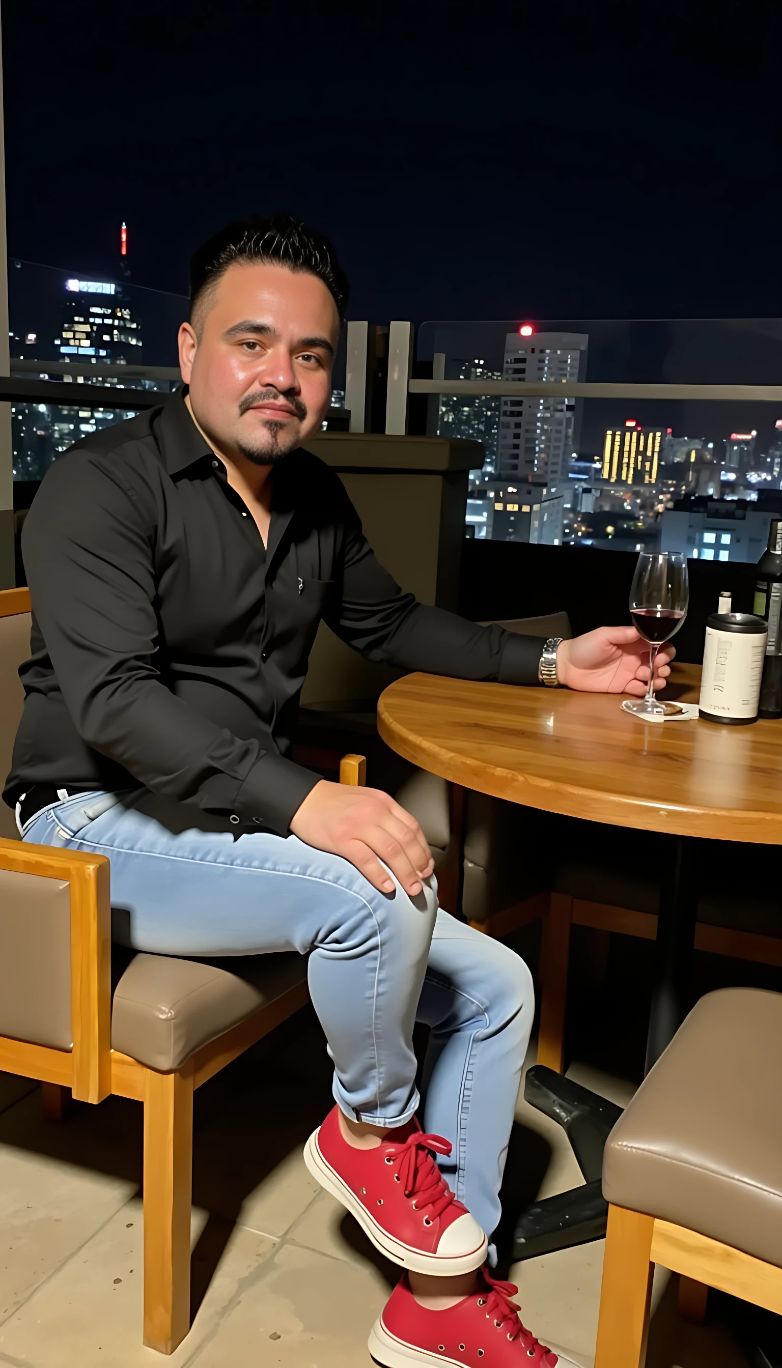  CSTMDL Man body wearing light blue jeans and black dress shirt red tenis shoes wearing a rolex watch seating on a nice restaurant  with a glass of wine on a rooftop city night lights  clear background 