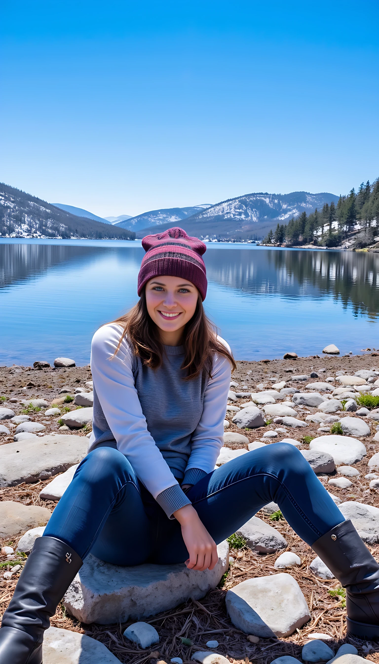 A person is sitting on a rocky lakeshore in casual attire, wearing a striped beanie and black boots. Their expression is playful, with one eye closed and a bright grin. In the background, there's a serene lake reflecting the snow-dusted trees and hills on a clear, sunny day. The sky is bright blue, adding to the crisp, outdoor atmosphere. 
