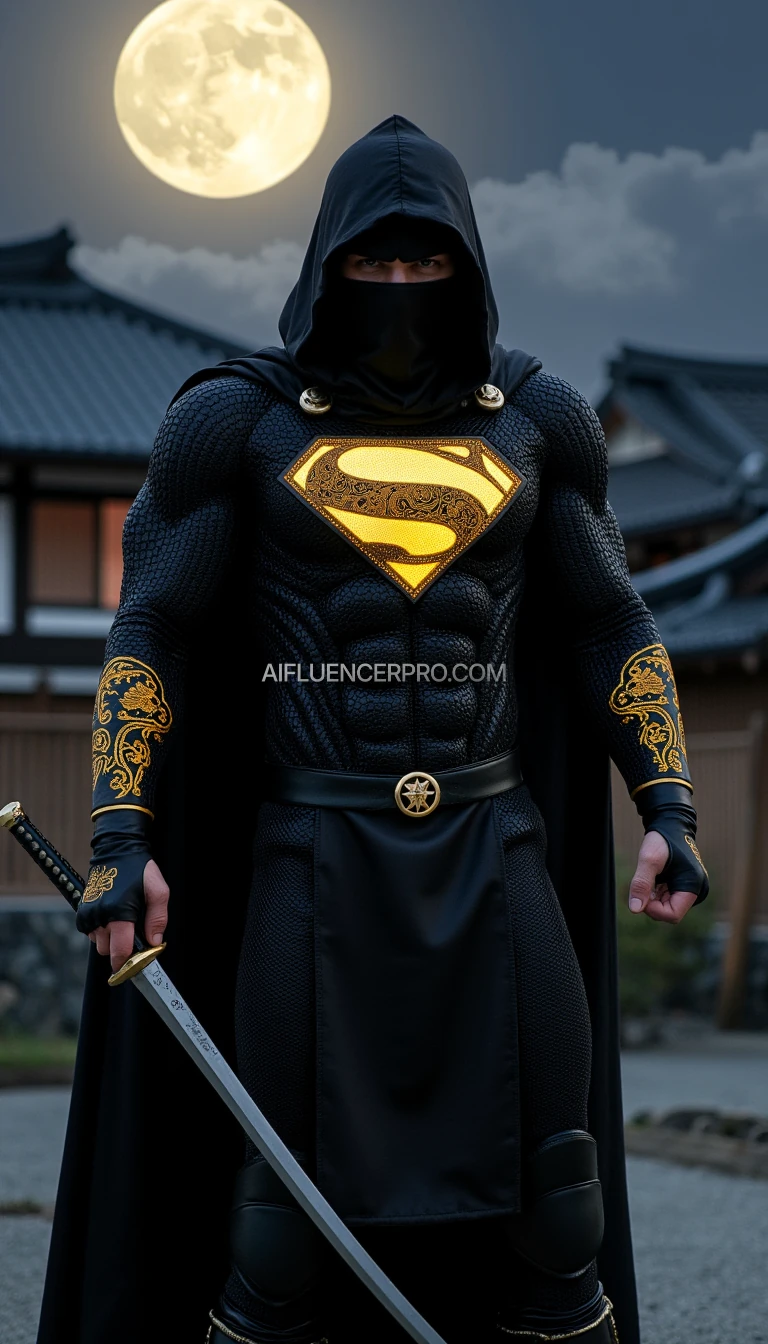 Superman in a ninja appearance, wearing a black costume with intricate golden embroidery inspired by Japanese designs on the arms and chest, featuring his iconic 'S' emblem prominently displayed on the chest in glowing gold. His cape is short and seamlessly integrated into the costume, designed for stealth. Superman is in a striking pose, knees slightly bent, one hand holding a short ninja-style sword, and the other forming a clenched fist ready to strike. The background features a traditional Japanese village at night with a full moon and thin mist, creating a mysterious and dramatic atmosphere.