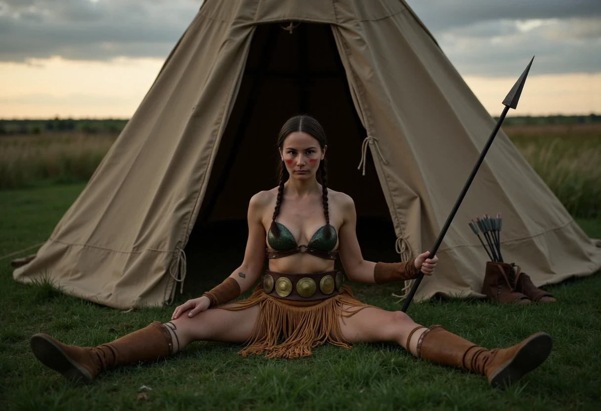 Medium shot photo of a beautiful 25-year-old with a slender athletic build. A Native American woman warrior with small petite almost flat breasts, wearing native American Regalia, posing stoically in front of a round native American plains style tipi. The tipi is a large tipi, large enough for a small family. Set under dim natural sunrise light. The sun has barely begun to peek over the horizon. The image has a dull color palette, with the greenery of the ground around the tipi being dark green and browns cast with shadows and dull gray sky meets the sunrise on the horizon enhancing the moody atmosphere. The woman, who is Native American in appearance, has a slim athletic build and petite tiny almost flat breasts. She is wearing a top that  consists of two real turtle shells in a dark green palette, a turtle shell fitted over each breast and strung together to turn them both into a bra. They look rigid and tough like snapping turtle shells. They are real turtle shells. A smoked hide leather panties that are smoked golden brown in color. She is wearing heavy leather vambraces on her forearms that go all  the way up to below her elbow and leather wraps around her shins that go all the way up to below her knees. She is wearing a dark brown, thick, wide, leather kidney belt with circle brass plates as wide as the belt riveted around it's exterior from which a short fringe breechcloth is fitted to. The fringe is widely spaced, it is a golden smoked hide brown color. It drapes loosely overtop of her panties and down to just below her panties in length. It is widely spaced fringed you can still see her entire turtle shell bra and leather panties. She is wearing ankle height smoked hide moccasins on her feet. Her hair is Native American styled with 2 long braids. She is a fierce sight, a confident capable warrior. She weilds a long steel spear in her right hand with a small spear tip and a long shaft which is where her hand is gripped. There is a bundle of arrows in a smoked hide quiver on her back. She sits on the ground in front of the tipi with her legs spread apart towards the camera. You can see you can see her panties under her long fringe breechcloth. The woman is looking directly at the camera stoically without any other expression. She has red warpaint streaked in one straight line along her cheekbones. There is no explicit nudity visible. Cinematic shooting style. Romantic setting.