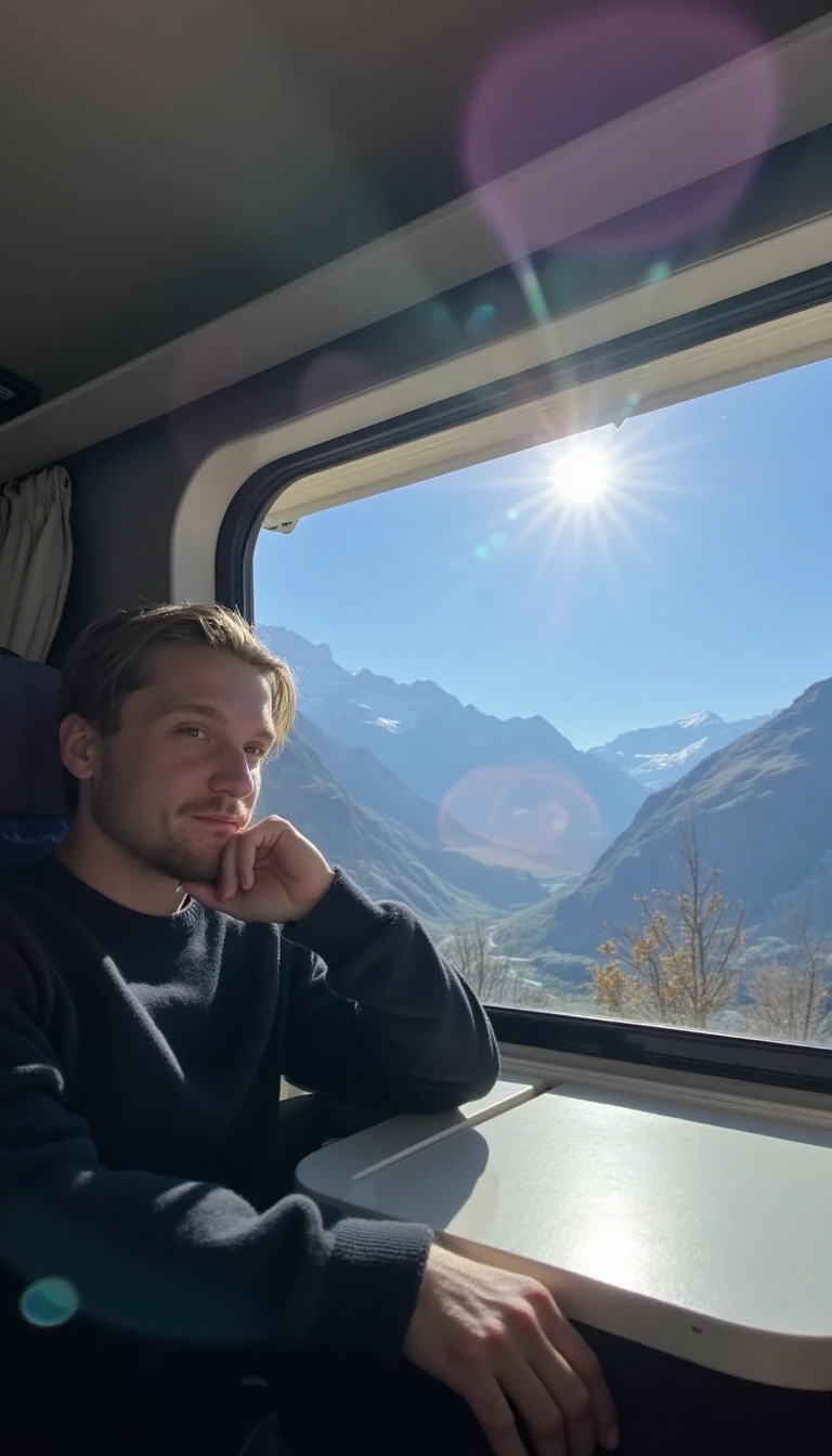 A long range low quality snap chat photo of CSTMDL looking out a train window towards the mountains of Switzerland where we can see majority of his body and the camera snapping the photo from the opposite side of the other seats facing him, the weather outside is cold but with the sun shining on the mountains peeks but having coverage of snow at the top of the mountain. he has his chin resting on one of his hands and the elbow on the base of the table with his head turned towards the scenery while the beautiful sunlight shines through the window. 