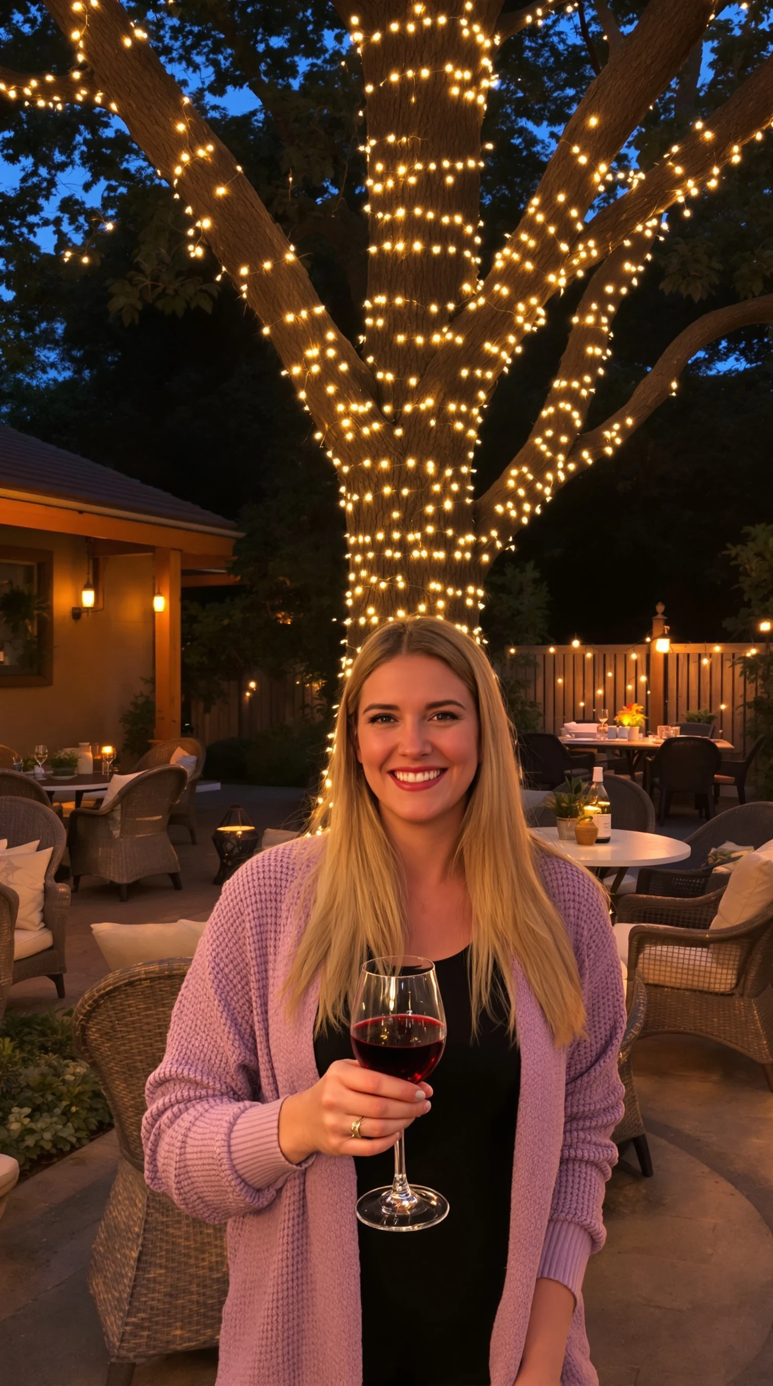 A full body shot 10 different photos of a woman standing outdoors at a cozy, warmly lit patio in the evening, with soft, glowing lights wrapped around a tree behind them creating a charming atmosphere. The images is rich in detail, with warm tones and clear textures throughout. The woman has fair skin, a slim build, and long -blonde hair, also worn loose. She is smiling warmly at the camera, holding a glass of red wine in her right hand, and wears a soft-textured lavender cardigan over a black top. The background features a large tree with sparkling string lights wrapped around its trunk and branches, adding a magical touch to the scene. The setting suggests a private outdoor seating area, with elements like terracotta-tiled roofing, greenery, and rattan chairs contributing to a serene, inviting vibe. The overall composition is balanced, with the woman framed against the softly glowing tree, and the lighting enhances the warm, intimate feel of a quiet evening shared among friends. The details are vivid, with textures of clothing, skin, and background elements clearly visible, while the warm lighting creates a relaxed and joyful mood