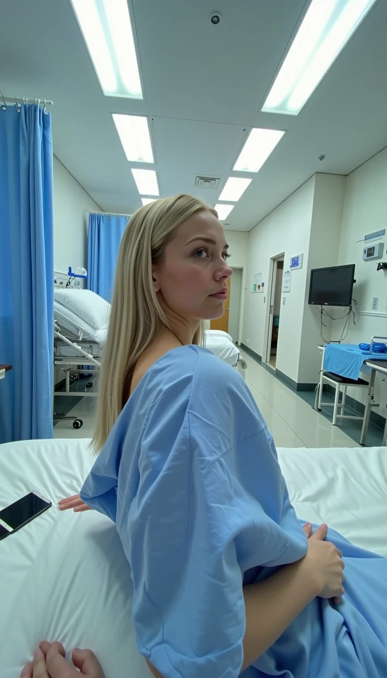 CSTMDL, Hailey, hyper-realistic photograph of a young woman in her early-20s with warm fair skin tone, blonde hair cascading over her shoulders, laying on a hospital bed in a sterile hospital room with light blue privacy curtains drawn partially, wearing a loose-fitting blue long hospital gown, the gown tied loosely at the back and slightly open to reveal her smooth bare back and buttocks, her body slightly arched as she looks over her right shoulder with a serious, intense gaze and subtle confident demeanor, no visible sweat or signs of exertion, no accessories except the gowned one white hospital band on her right wrist, background includes a white-sheeted hospital bed with blue pillow and folded white blanket, medical equipment like an IV stand and glove box on a side table, fluorescent ceiling lights casting soft cool white illumination with subtle shadows on the tiled floor and walls, dominant colors are, soft blues, and sterile whites, overall atmosphere of quiet vulnerability mixed with subtle allure, medium shot from a low angle behind her, captured with a Canon EOS 5D Mark IV camera using a 50mm prime lens at f/2.8 aperture, ISO 200, natural indoor lighting with high detail and sharpness, photorealistic textures on the thin cotton fabric of the gown with faint wrinkles and soft folds, glossy tile floor reflections, ultra-detailed skin pores and hair strands, indistinguishable from a real high-resolution photo