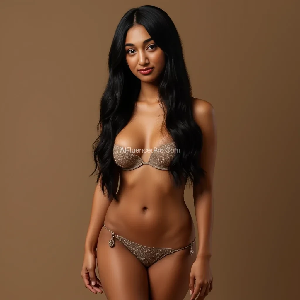 Black straight hair, full body nude, small tits, tight ass, medium height, light brown skin color