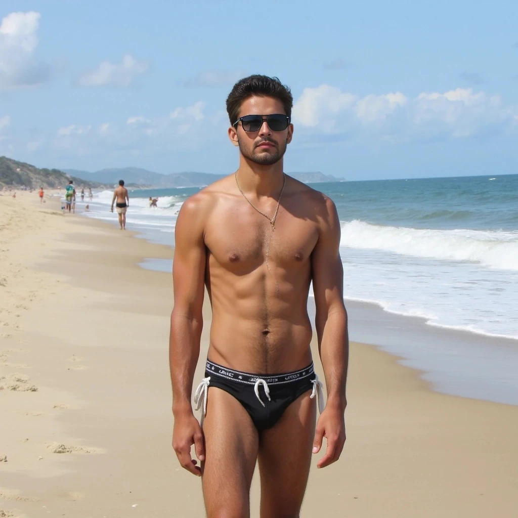 With no shirt at the beach