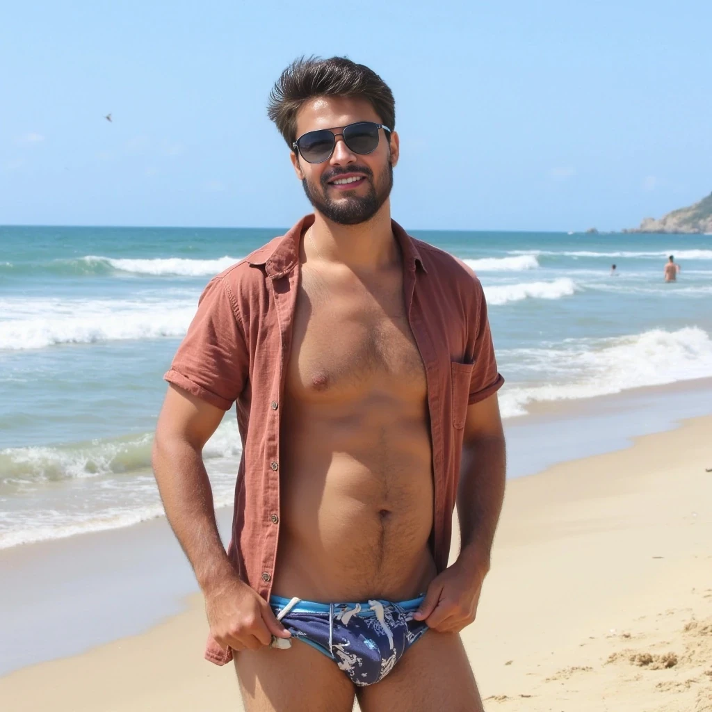 With no shirt at the beach