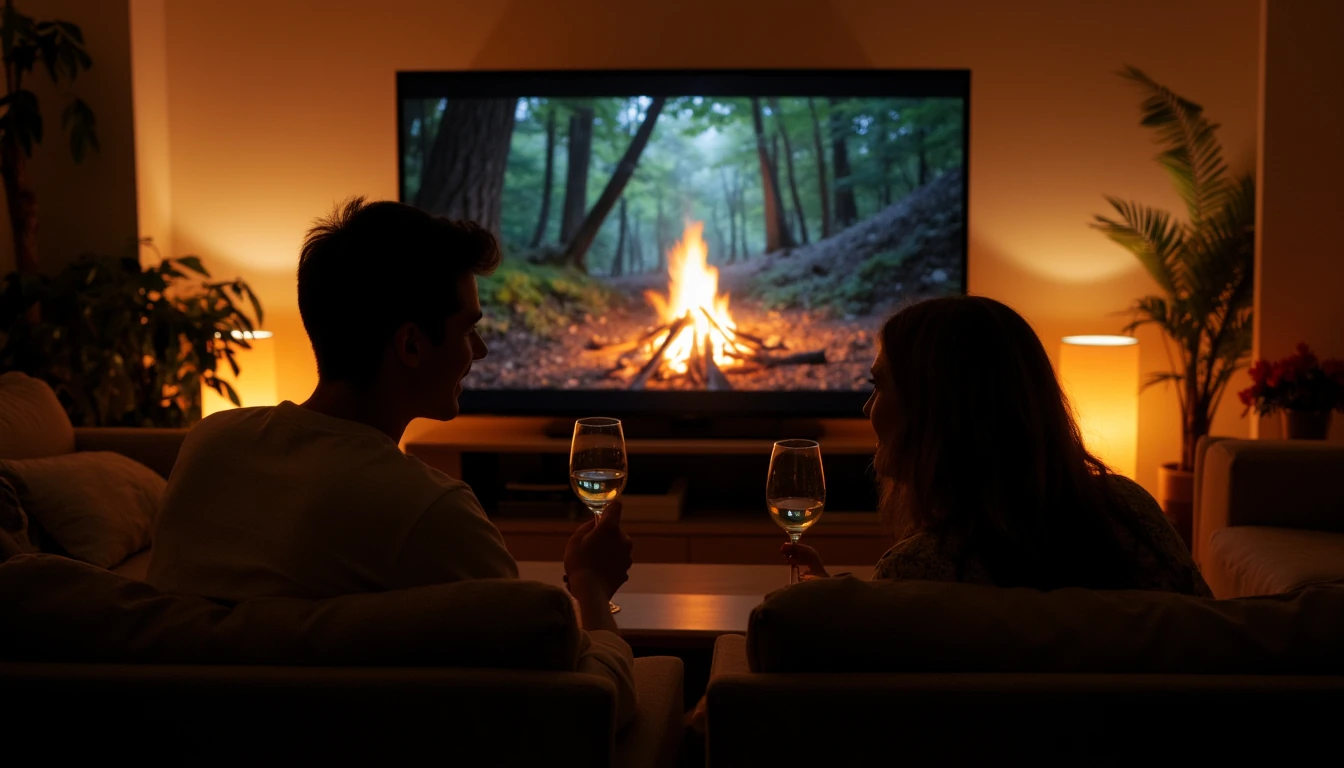 Create a realistic, visually appealing image depicting a handsome young man and a woman engaged in an intimate, romantic date setting. The couple is seated comfortably, enjoying a nice glass of wine and relaxed conversation. In the background, a large, clearly visible television screen is displaying a soothing, immersive nature scene featuring a bonfire gently flickering in a tranquil woodland setting. Emphasize warm, cozy lighting and a welcoming atmosphere that complements the romantic mood. The shot is a super wide shot and we see elements from the living room as well in the surrounding area
