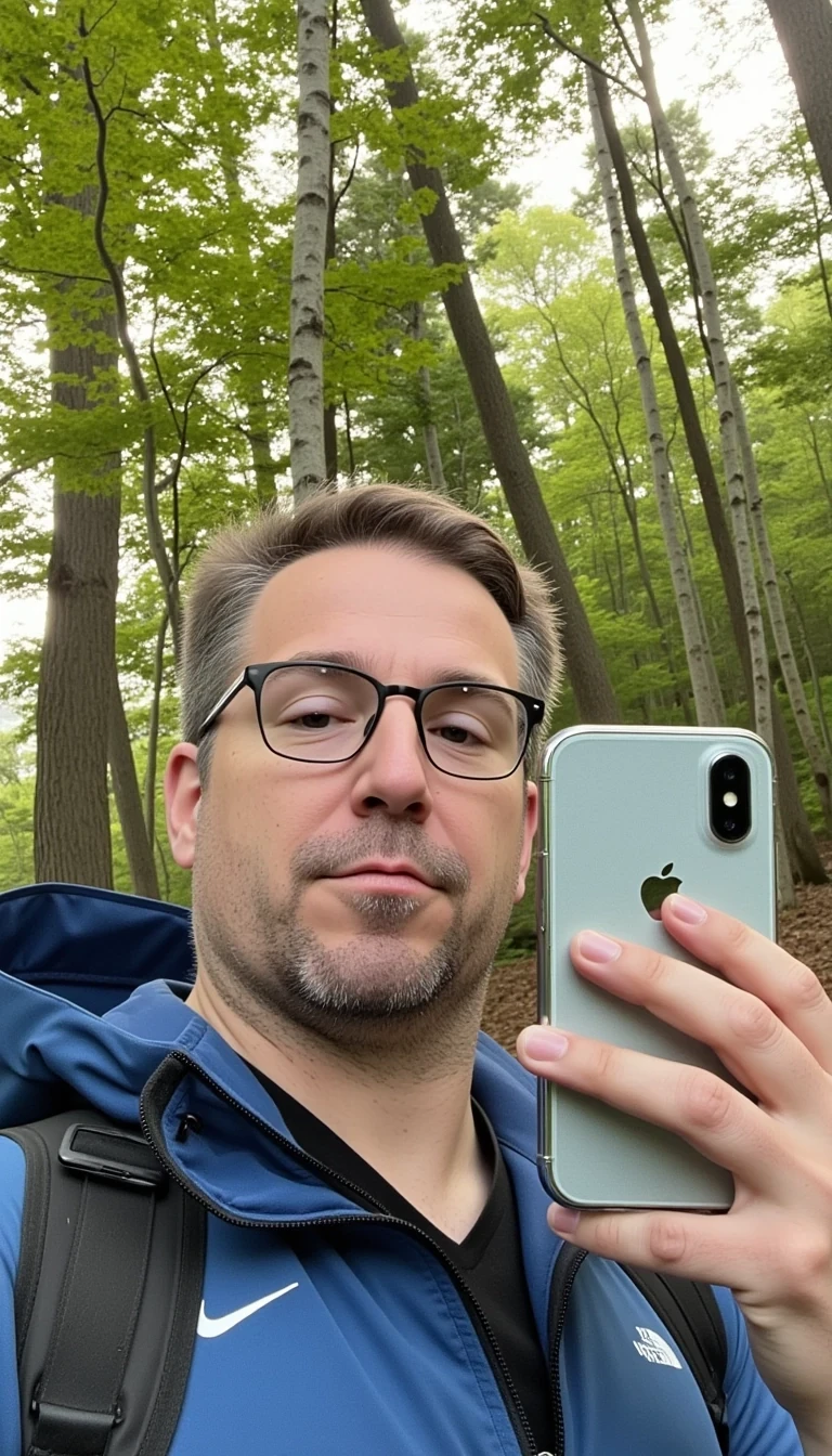 iphone face selfie photo of mid 40s man CSTMDL in the woods wearing hiking gear
