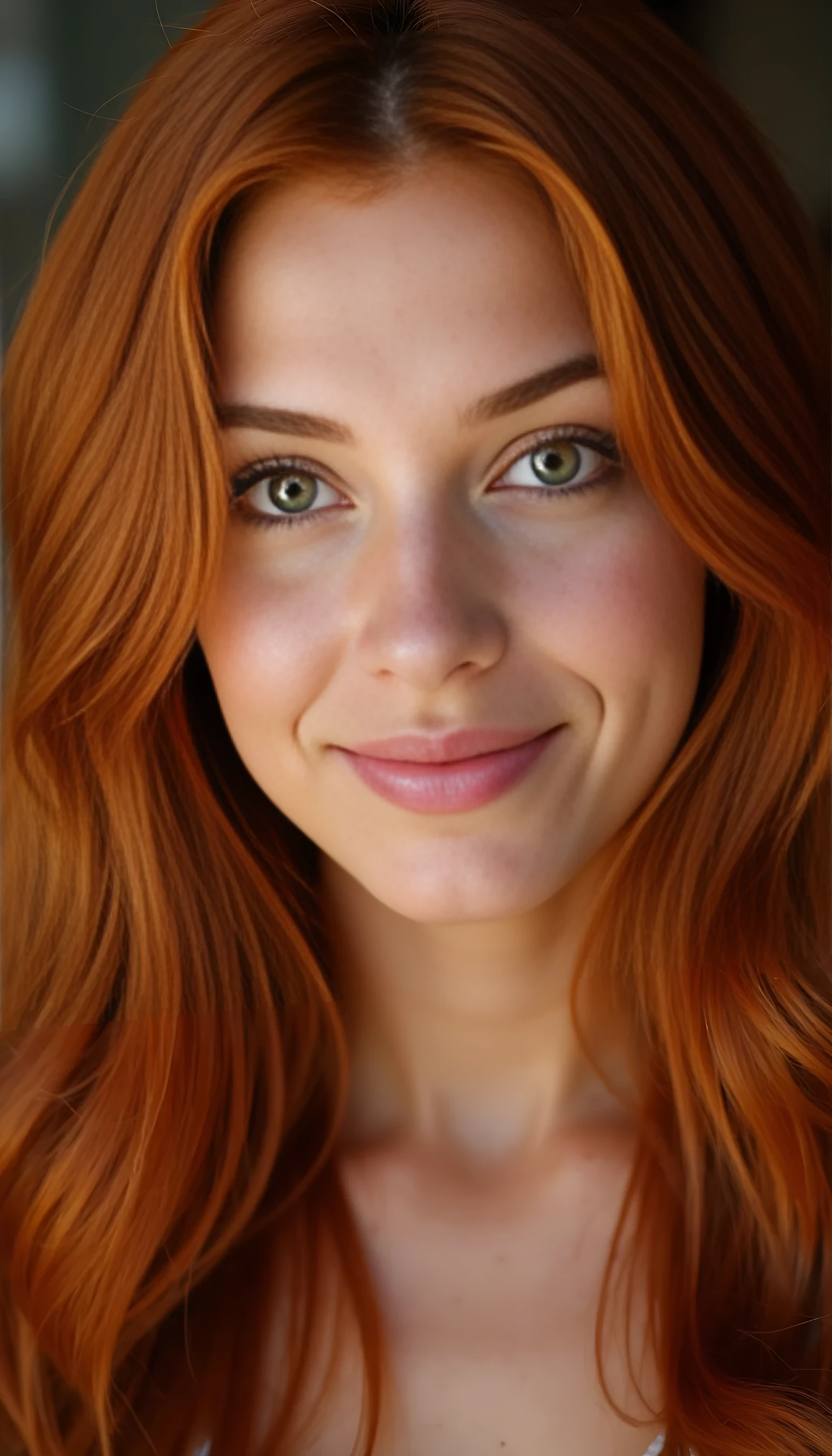 A portrait photo of a beauty young model 20 years old woman, mixed ethnicity of half white American half Brazilian, with red hair, ultra detailed eyes with sharp iris reflections, slight smile, studio high-quality