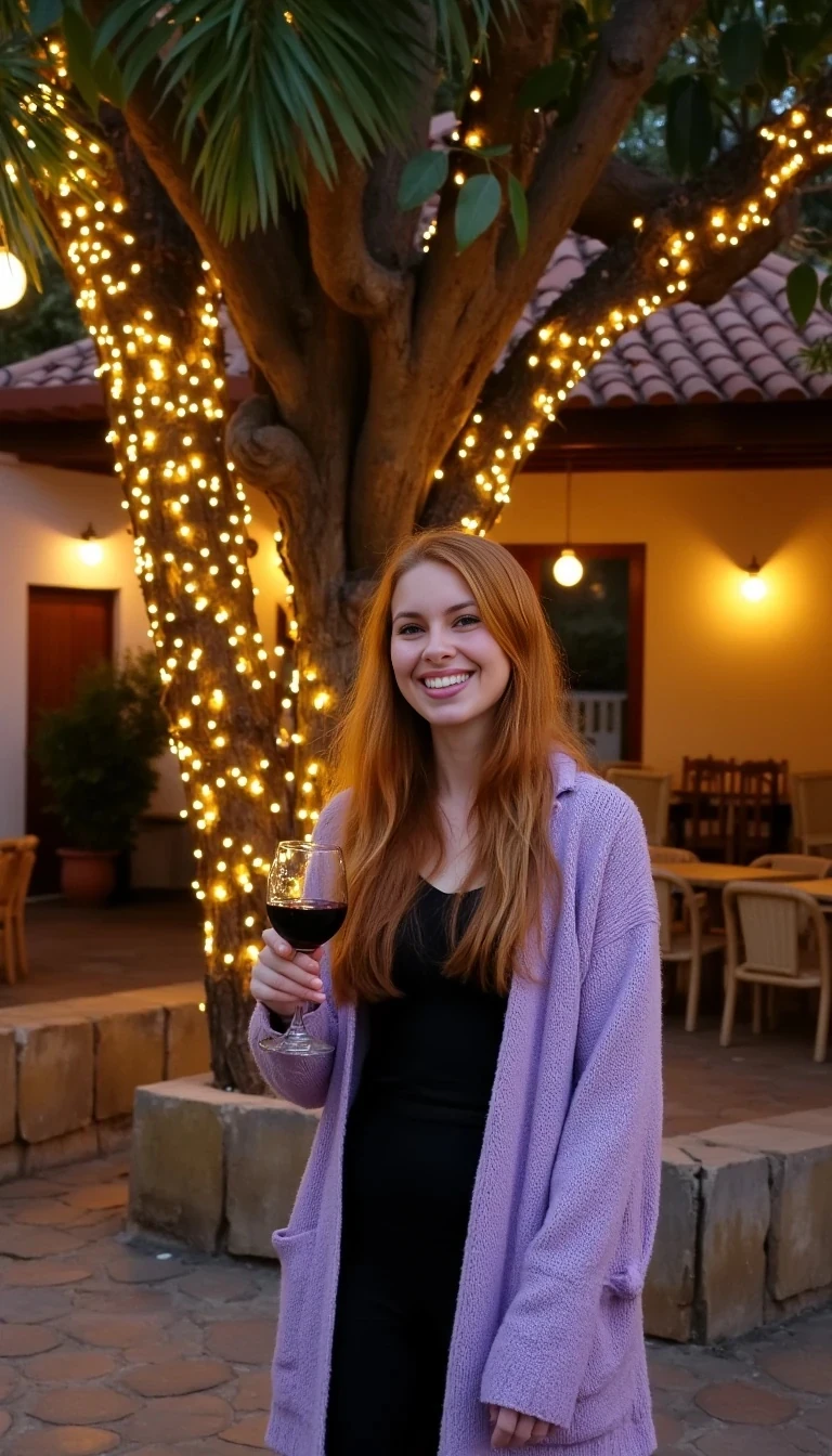 A full body shot photo of a woman standing outdoors at a cozy, warmly lit patio in the evening, with soft, glowing lights wrapped around a tree behind them creating a charming atmosphere. The image is rich in detail, with warm tones and clear textures throughout. The woman has fair skin, a slim build, and long reddish-blonde hair, also worn loose. She is smiling warmly at the camera, holding a glass of red wine in her right hand, and wears a soft-textured lavender cardigan over a black top. The background features a large tree with sparkling string lights wrapped around its trunk and branches, adding a magical touch to the scene. The setting suggests a private outdoor seating area, with elements like terracotta-tiled roofing, greenery, and rattan chairs contributing to a serene, inviting vibe. The overall composition is balanced, with the woman framed against the softly glowing tree, and the lighting enhances the warm, intimate feel of a quiet evening shared among friends. The details are vivid, with textures of clothing, skin, and background elements clearly visible, while the warm lighting creates a relaxed and joyful mood