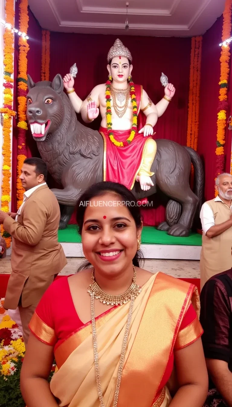 A smiling woman in traditional Indian attire, featuring a red and beige ensemble with intricate jewelry, stands in the foreground of a festive setting. The background is adorned with vibrant marigolds and strings of hanging lights. Behind her, a large, ornate statue of a deity seated on a beast is prominently displayed against a deep red backdrop, creating an atmosphere rich in cultural and spiritual significance. The scene is lively and colorful, embodying the essence of a cultural celebration.