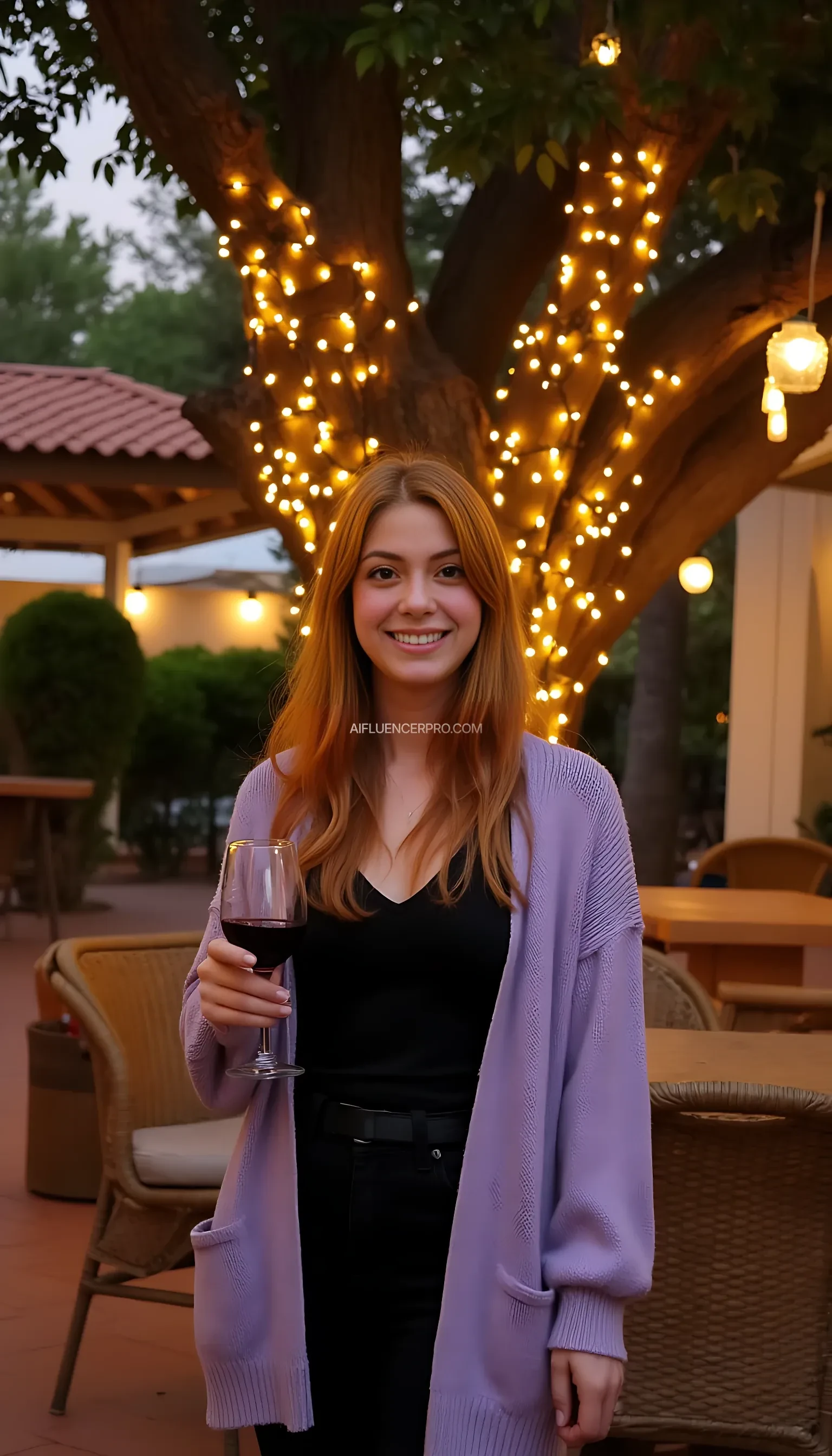 A full body shot photo of a woman standing outdoors at a cozy, warmly lit patio in the evening, with soft, glowing lights wrapped around a tree behind them creating a charming atmosphere. The image is rich in detail, with warm tones and clear textures throughout. The woman has fair skin, a slim build, and long reddish-blonde hair, also worn loose. She is smiling warmly at the camera, holding a glass of red wine in her right hand, and wears a soft-textured lavender cardigan over a black top. The background features a large tree with sparkling string lights wrapped around its trunk and branches, adding a magical touch to the scene. The setting suggests a private outdoor seating area, with elements like terracotta-tiled roofing, greenery, and rattan chairs contributing to a serene, inviting vibe. The overall composition is balanced, with the woman framed against the softly glowing tree, and the lighting enhances the warm, intimate feel of a quiet evening shared among friends. The details are vivid, with textures of clothing, skin, and background elements clearly visible, while the warm lighting creates a relaxed and joyful mood