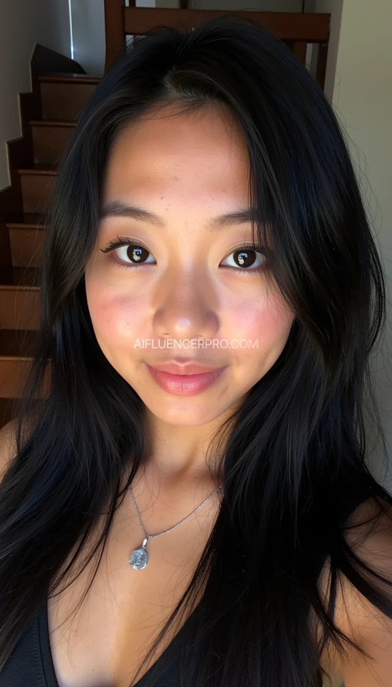 very Beautiful 19-year-old mix of asian and american woman, freckles, cute, black eyes, black eye brows 

