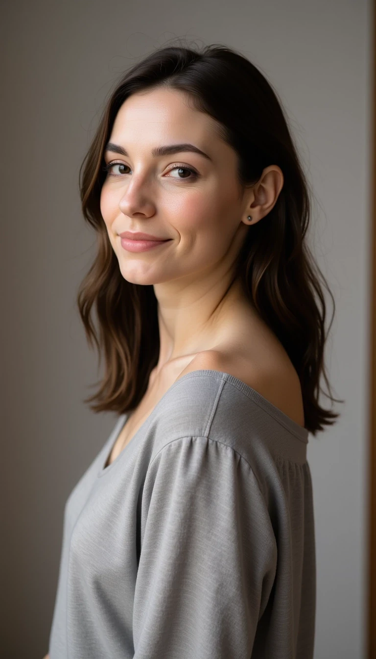 Softly lit studio portrait, neutral backdrop, minimal makeup, relaxed pose, hair down, wearing soft grey blouse, CSTMDL woman