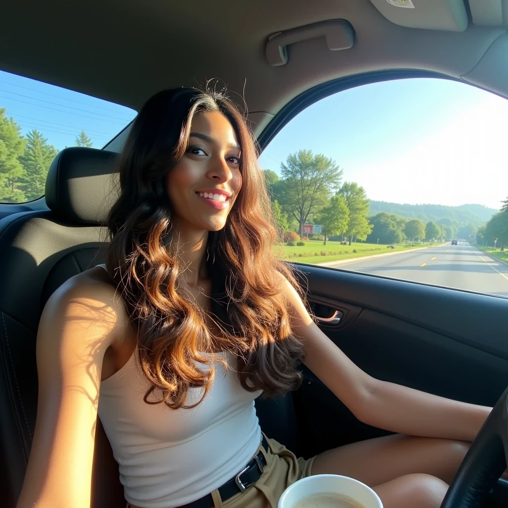 boring low quality snapchat photo circa 2015, A young woman with a warm smile, sitting in the driver's seat of a cozy car. She has soft, wavy brown hair cascading past her shoulders. The sunlight streams through the window, casting a gentle glow on her face. The interior of the car is neat and comfortable, with a coffee cup in the cup holder and a small plant on the dashboard. The background outside the window shows a scenic road lined with trees and blue skies CSTMDL