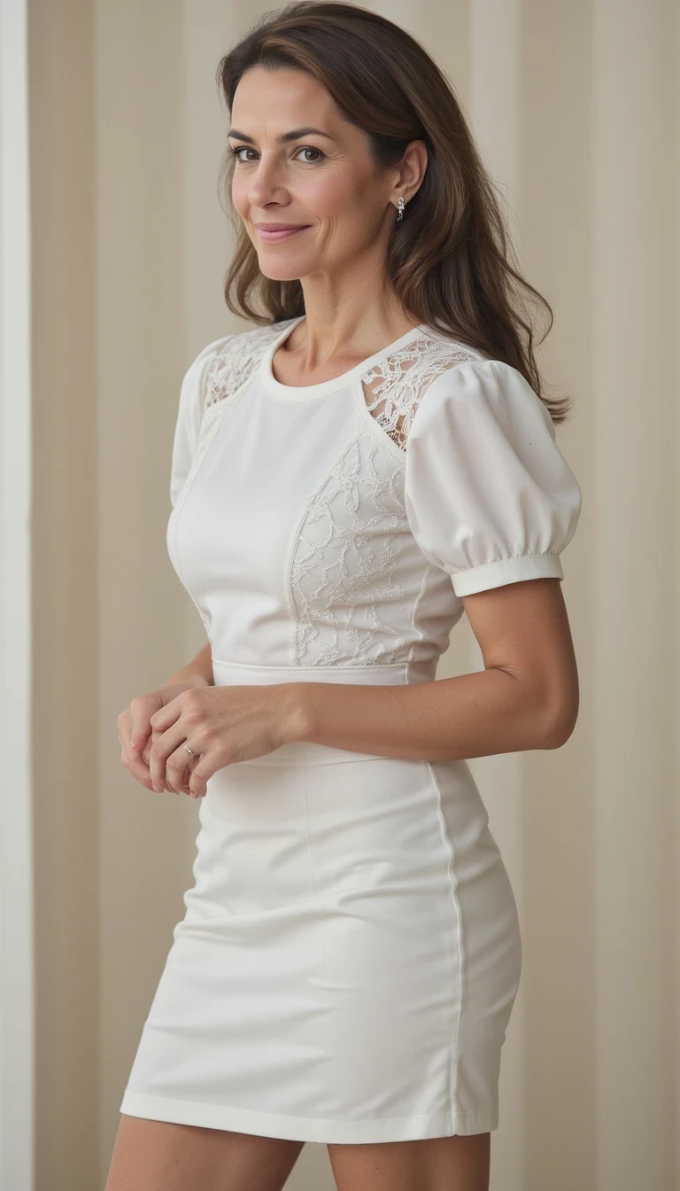 photo of woman CSTMDL, teacher, puffy short sleeves, waist high skirt, short skirt, white dress, white lace