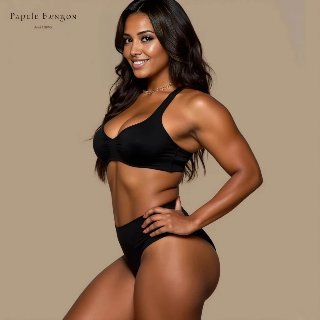 She has a fit, and athletic build with an hourglass silhouette. Her waist is slim and defined, accentuating full hips and toned thighs. Her arms are lean and sculpted, with visible muscle tone that suggests regular training. Her legs are strong and shapely, and her posture is confident and upright.

Her overall physique blends feminine softness with strength—she’s thick in all the right places, yet clearly fit and health-conscious. Her skin is smooth and glowing, with a healthy sheen. Subtle definition in her abs and back hints at her dedication to movement and wellness, while her curves add a seductive edge to her look.

She radiates a natural confidence and sex appeal, making her ideal for content in fitness, fashion, or sensual wellness branding.